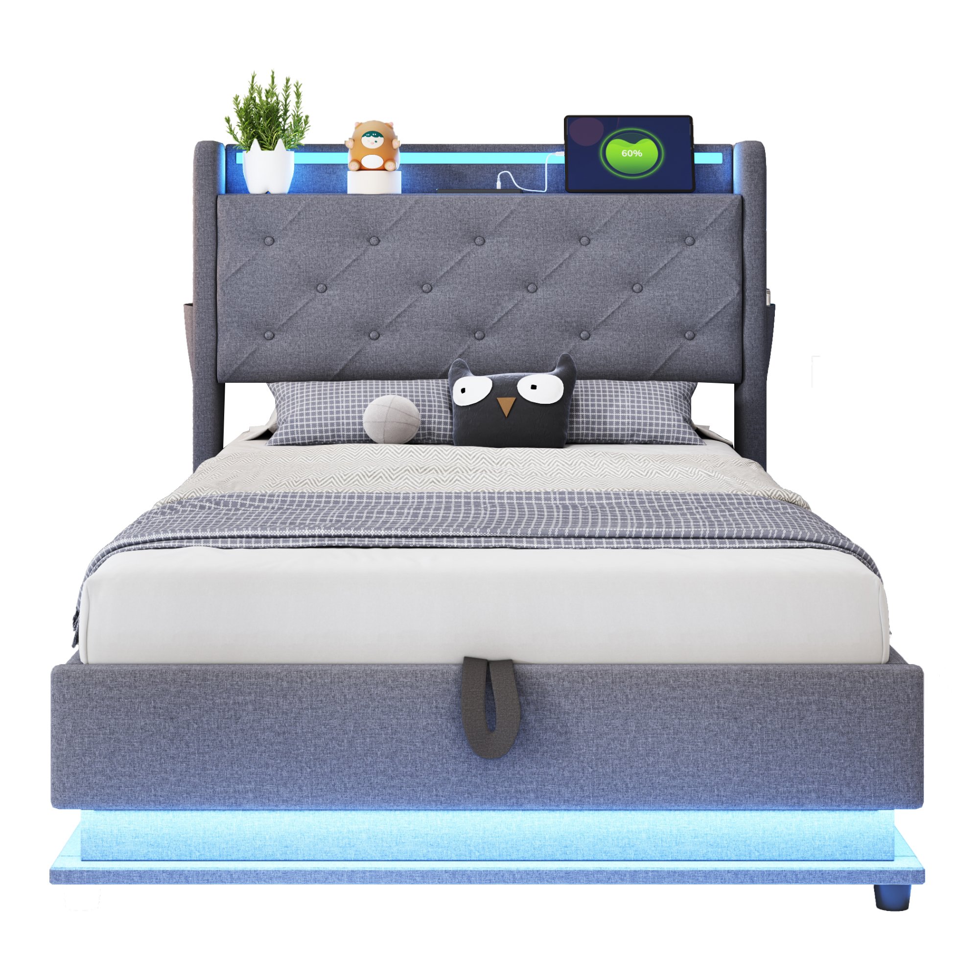 Lit coffre 90x200 en lin gris avec rangement hydraulique, LED et USB