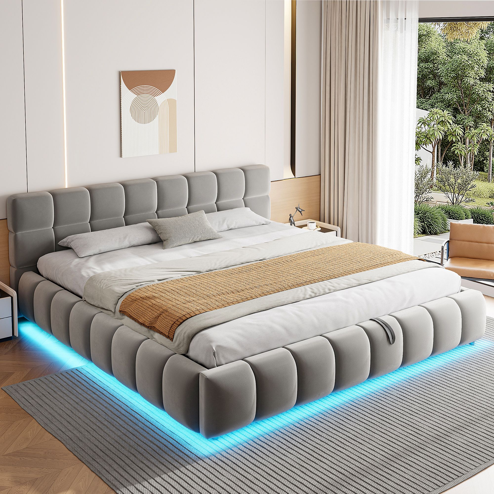 Lit coffre 180x200 avec LED, velours gris, rangement hydraulique, sommier à lattes, sans matelas