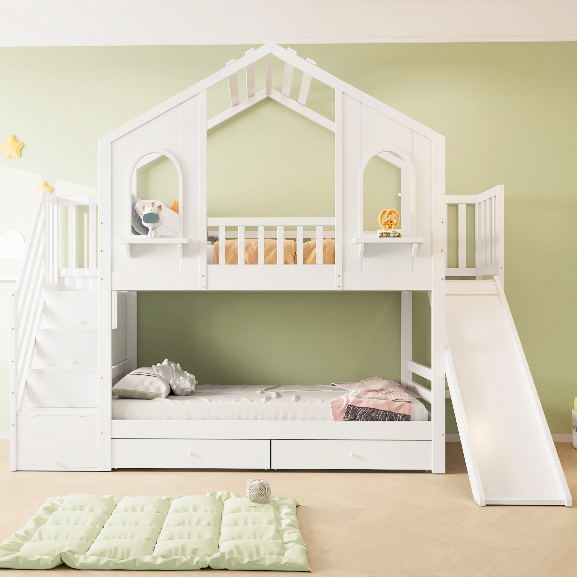 Lit superposé 90x200 avec rangements, toboggan et échelle, pour chambre d'enfant