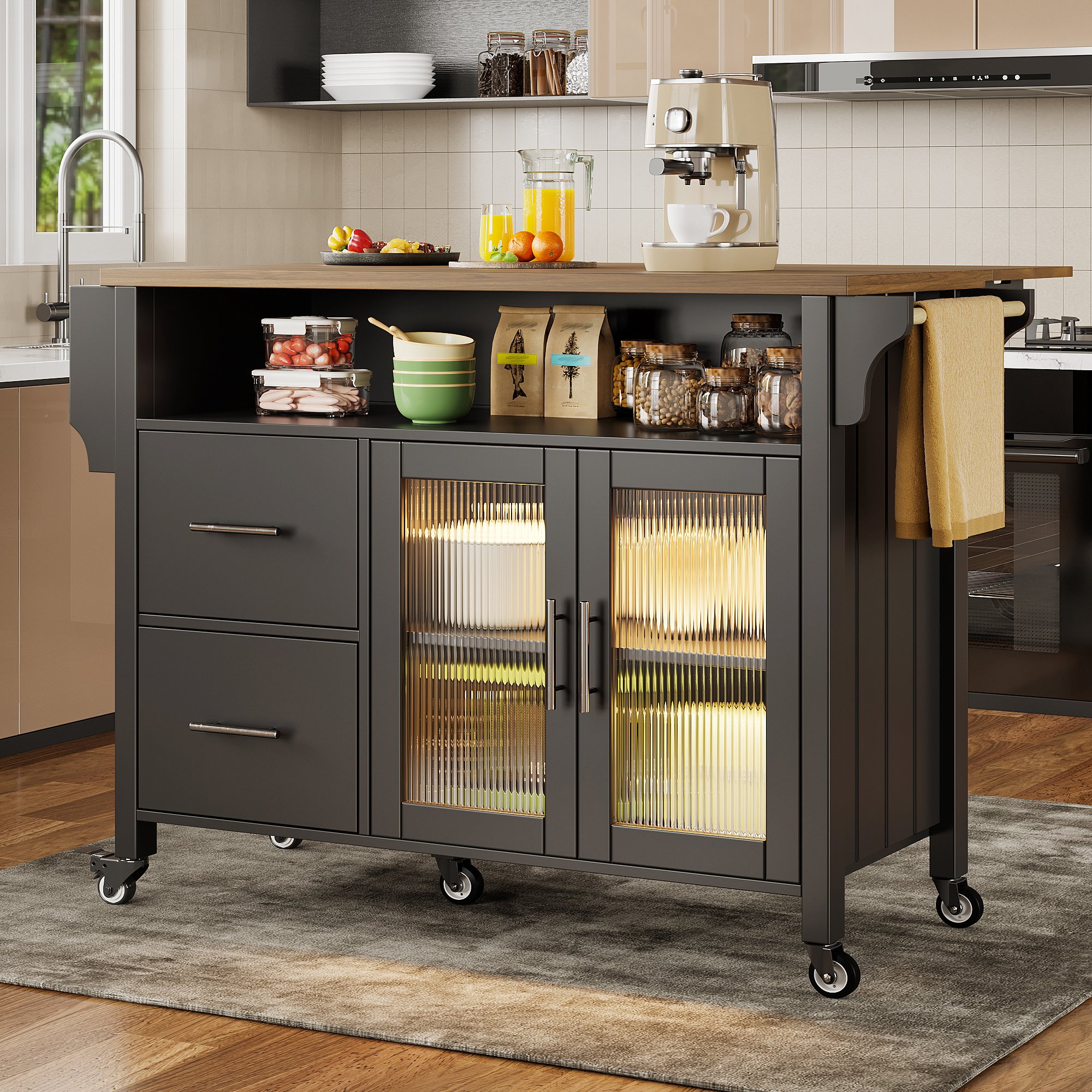 Îlot de cuisine sur roulettes avec table rabattable, rangement spacieux, éclairage LED et porte-serviettes, noir