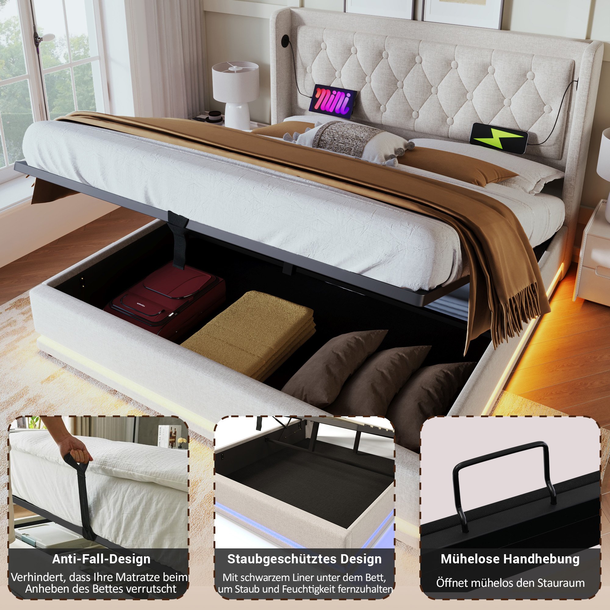 Lit coffre double 160x200 beige, rangement hydraulique, LED 3 côtés, USB Type-C, tête de lit capitonnée, sans matelas