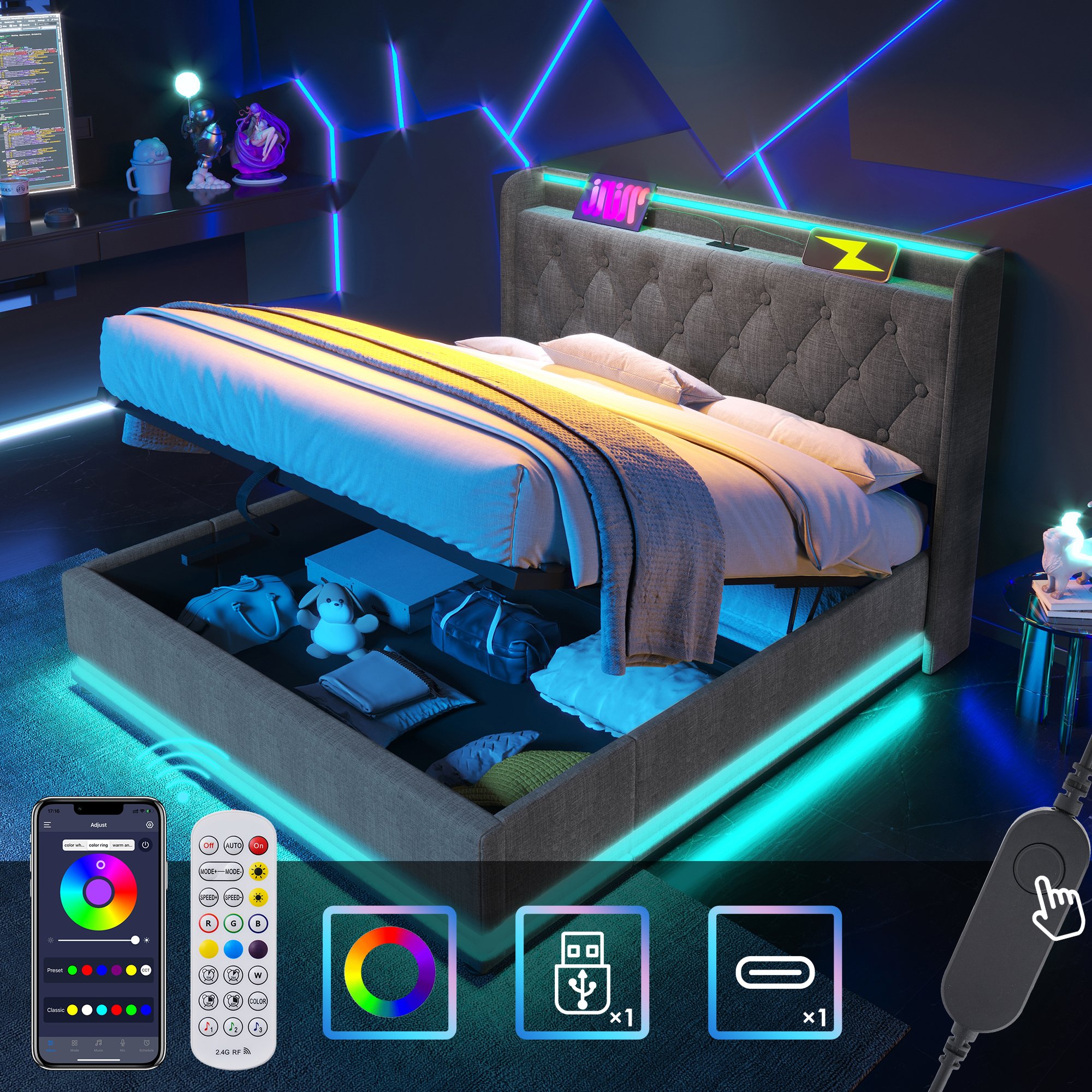 lit coffre 140x200 gris lin avec LED 360°, ports USB Type-C, rangement hydraulique et tête de lit rembourrée