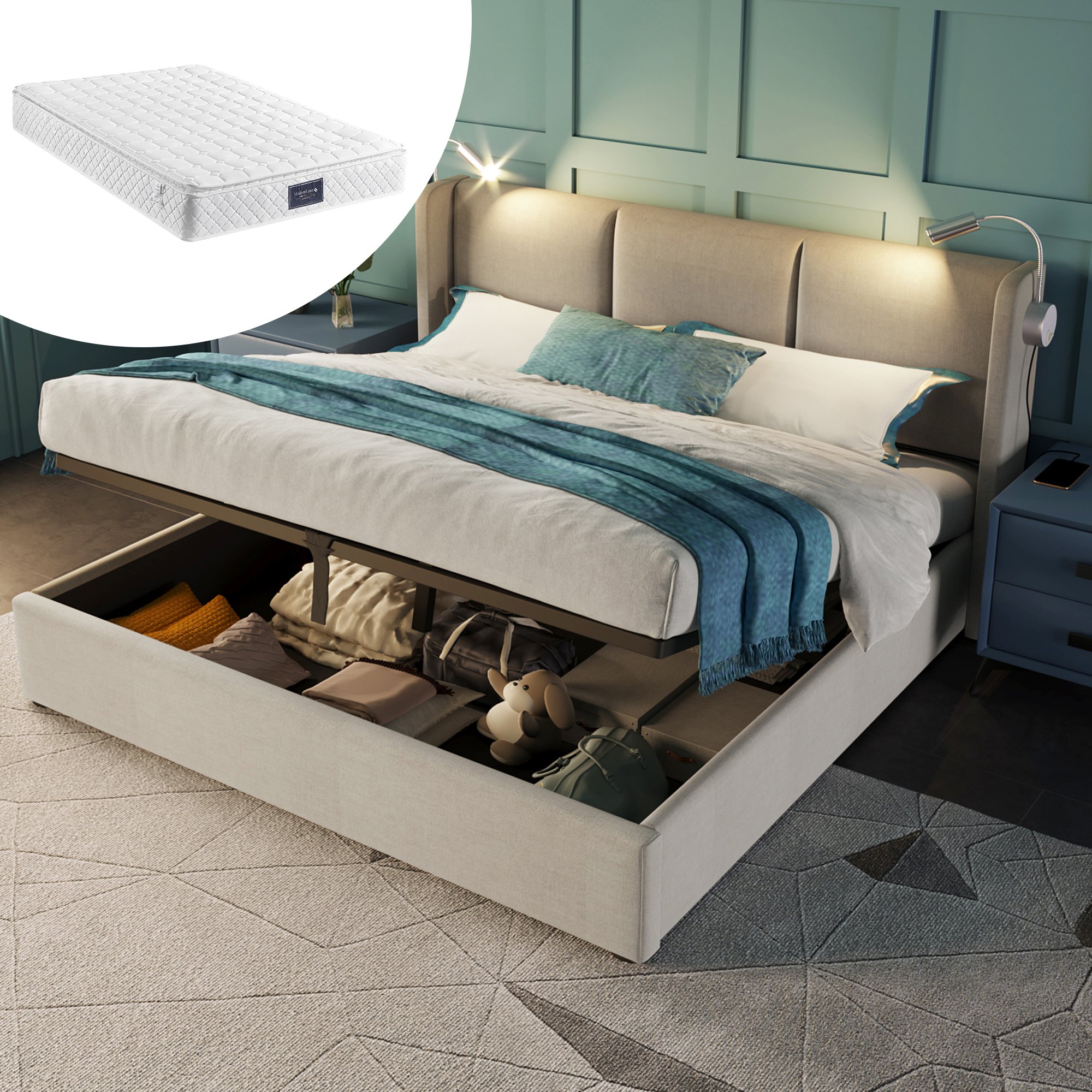 lit coffre 140x200 structure métal et bois massif revêtement lin beige, rangement coffre avec hublot LED