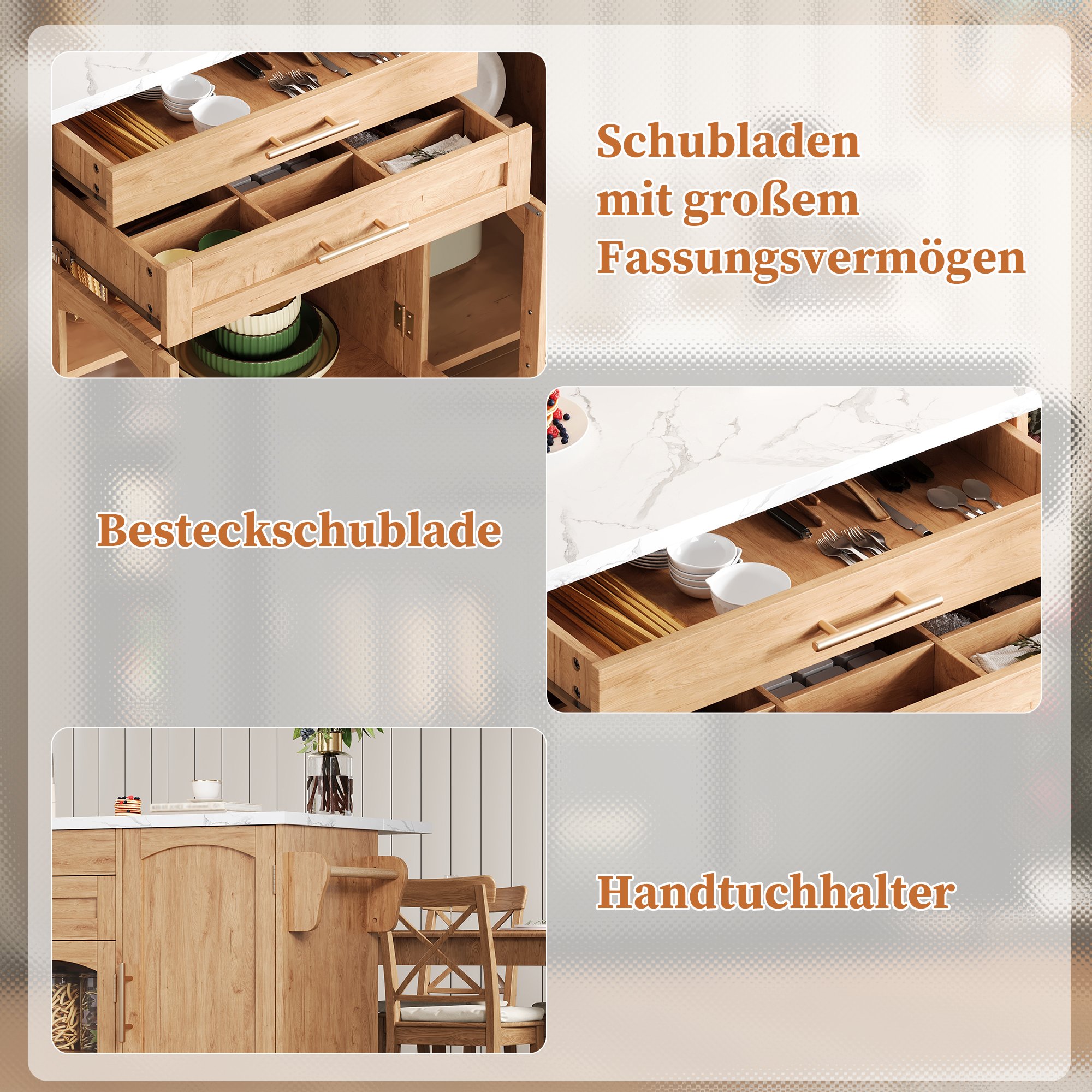 Îlot de cuisine avec plan de travail rabattable, rangements multiples, 5 roulettes, Panneau composite de fibres de bois à densité naturel, 120x45(70)x90 cm