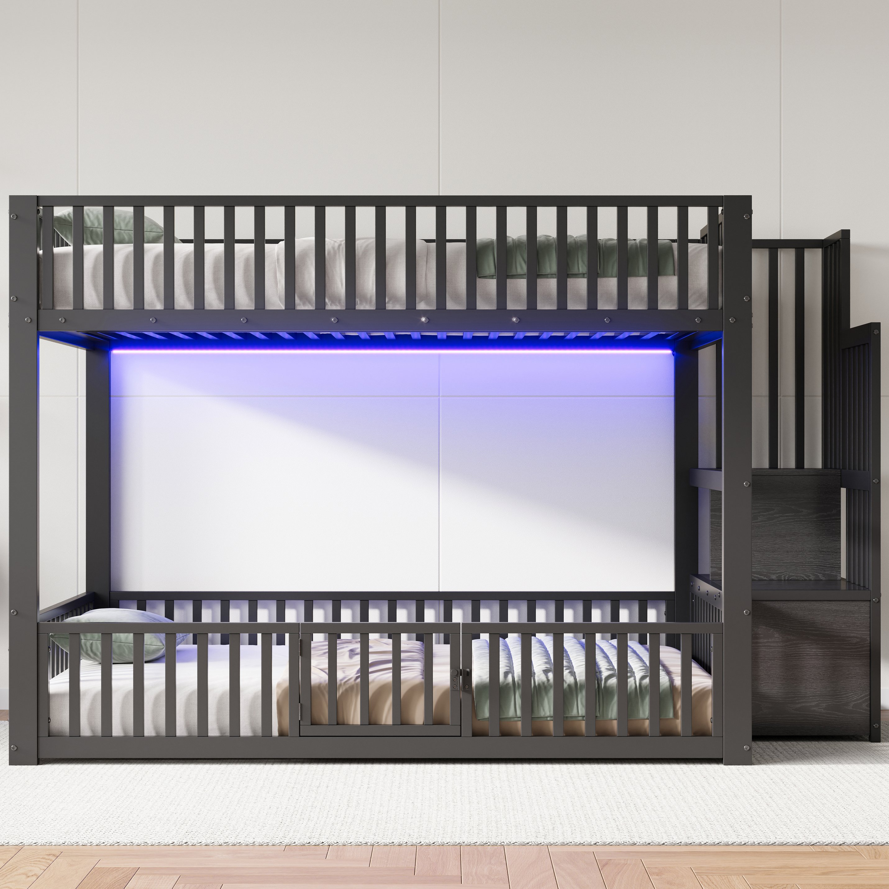 Lit superposé 140x200 avec échelle de rangement, LED et barrière de sécurité, noir
