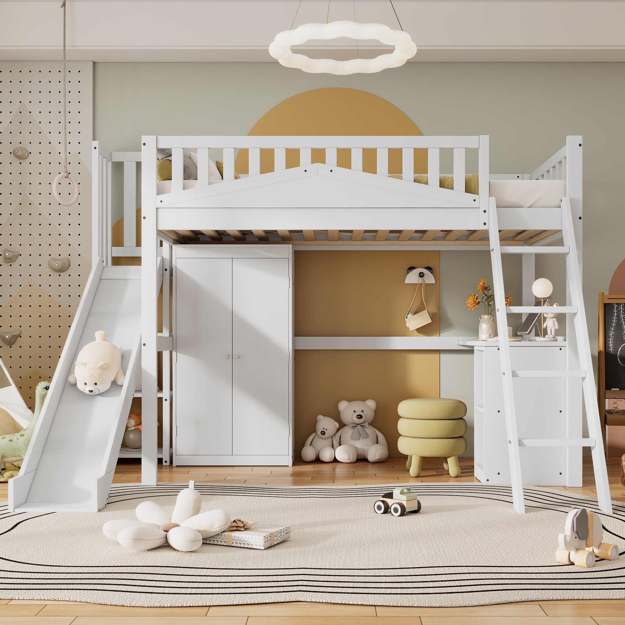 Lit superposé enfant 90x200 blanc avec toboggan, bureau et armoire, rangement intégré
