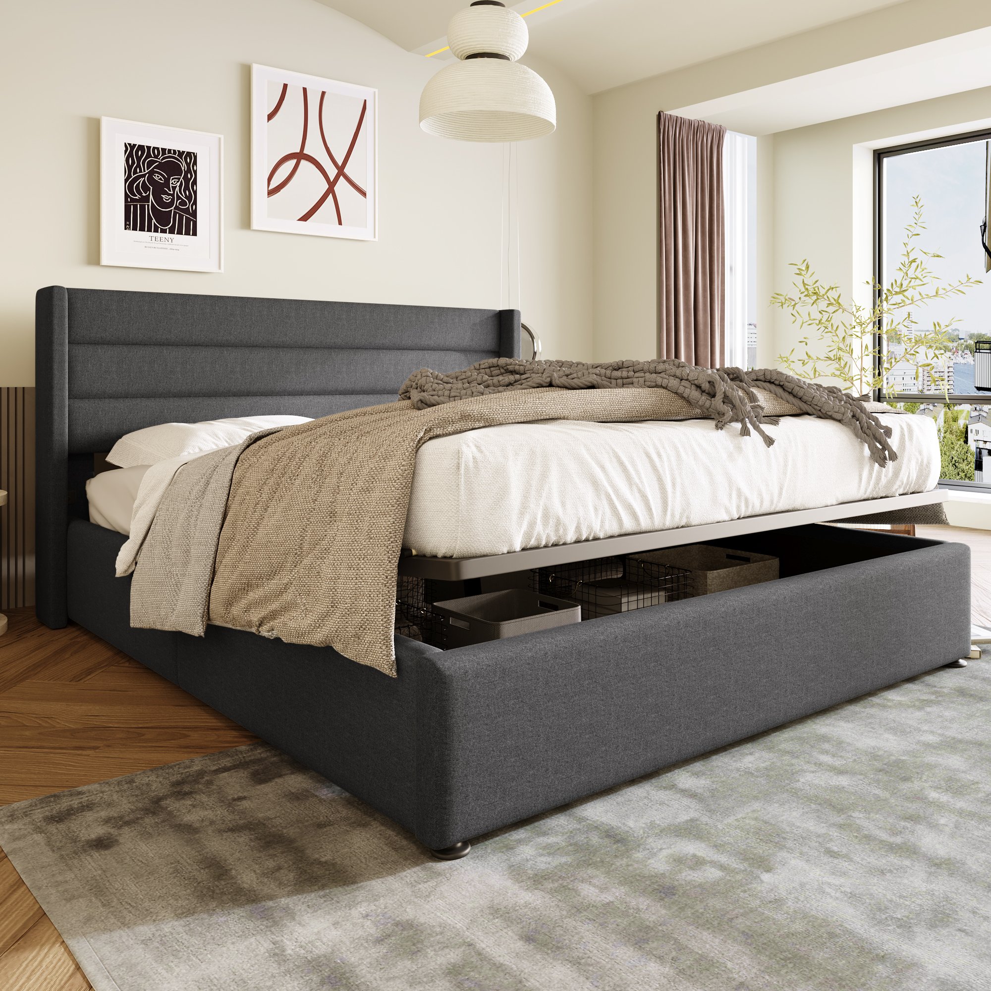 Lit coffre double 180x200 avec ouverture hydraulique et grand espace de rangement sous sommier à lattes gris