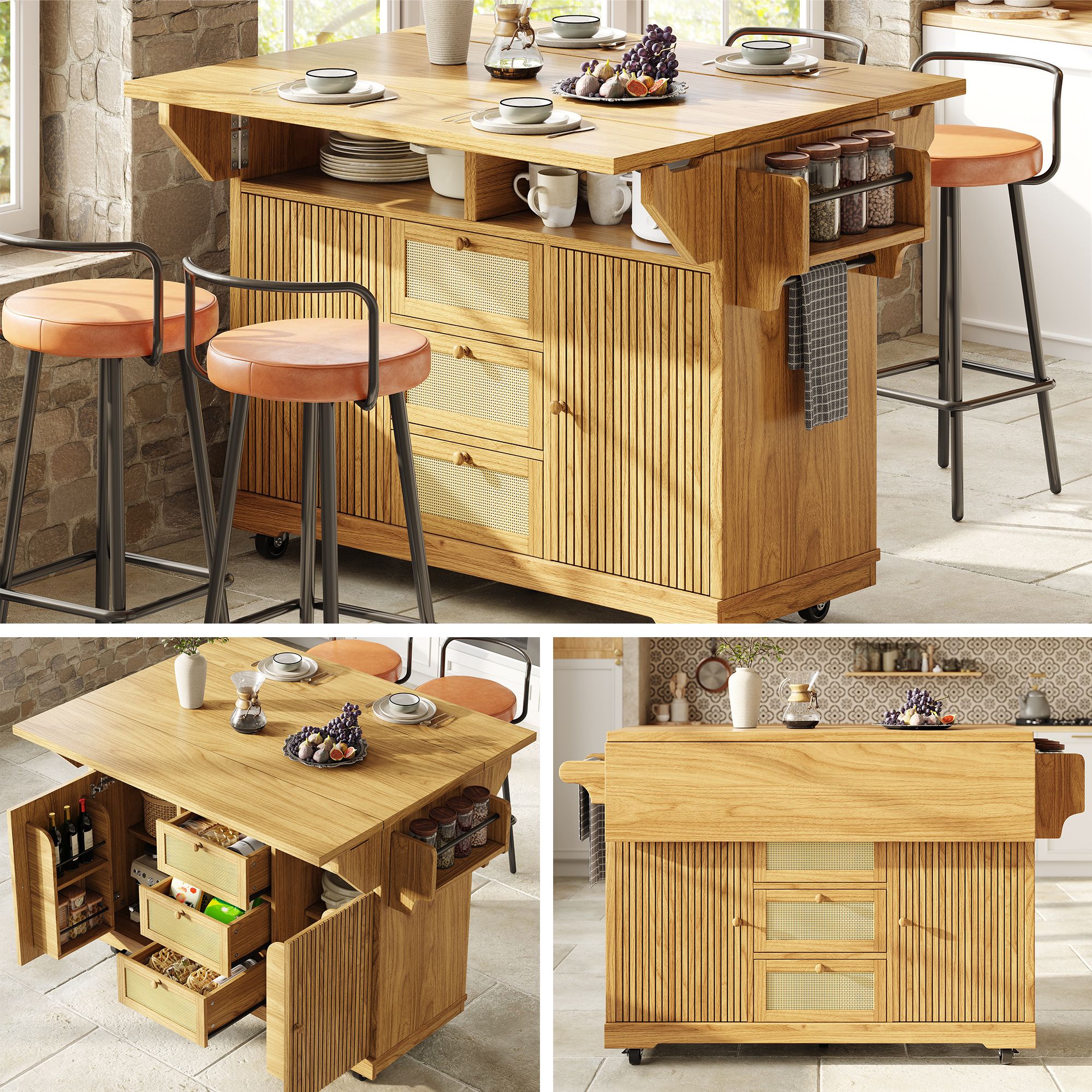 Îlot de cuisine avec rangement, plan de travail extensible 142,5 cm, hauteur 95 cm, tiroirs en rotin PE, roulettes, bois naturel