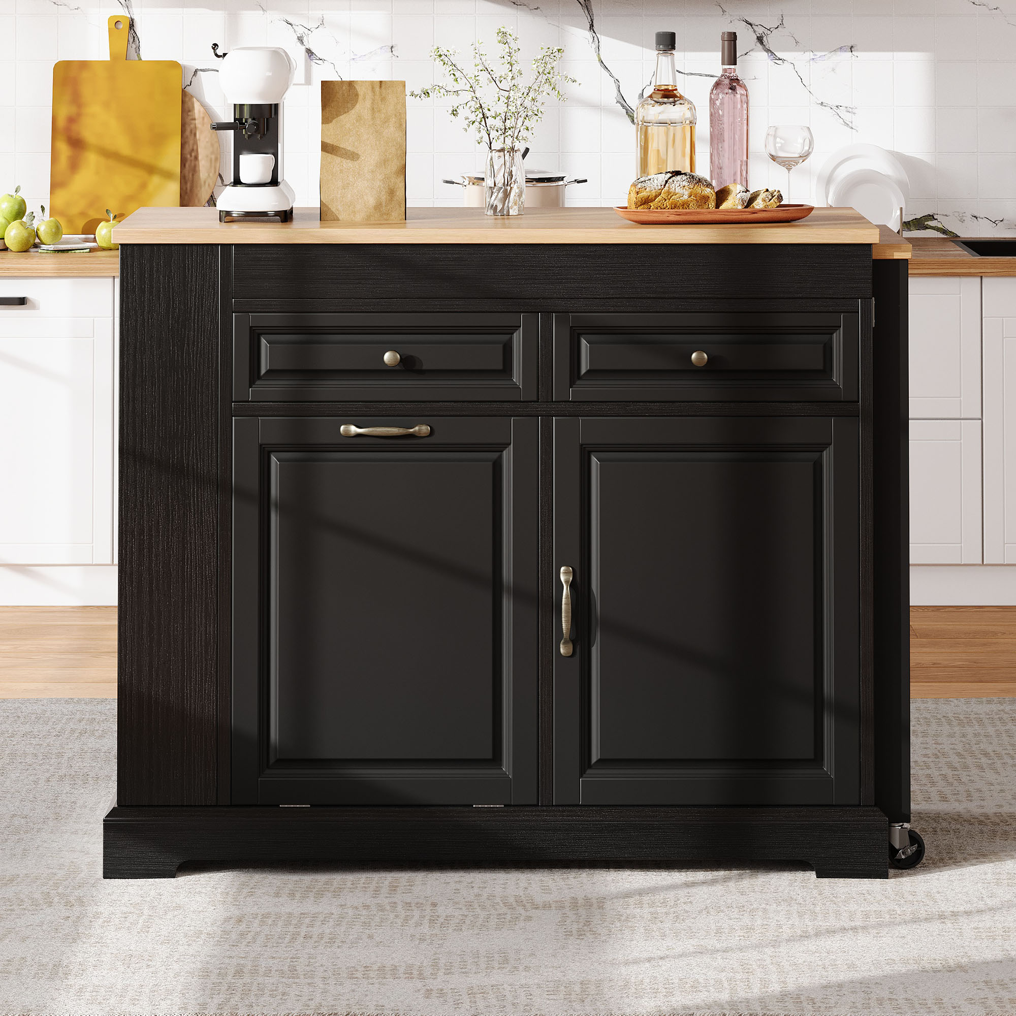 Îlot de cuisine sur roulettes noir et bois naturel, extensible avec rangement, tiroirs et porte-poubelle, 112-180 cm