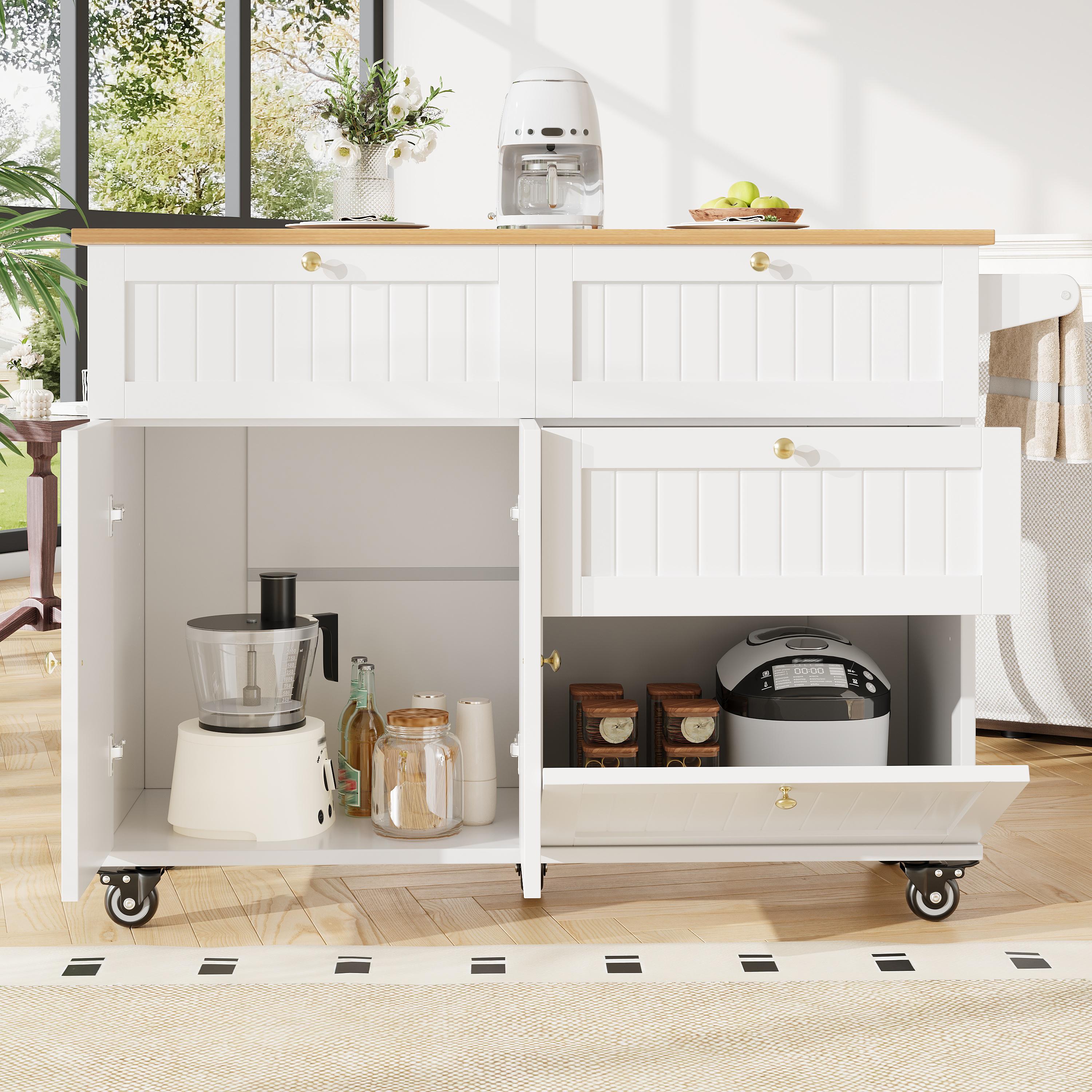 Îlot de cuisine blanc avec rangement, plan de travail en Panneau composite de fibres de bois à densité, portes 3D, roulettes et pieds réglables, 133x70x88 cm