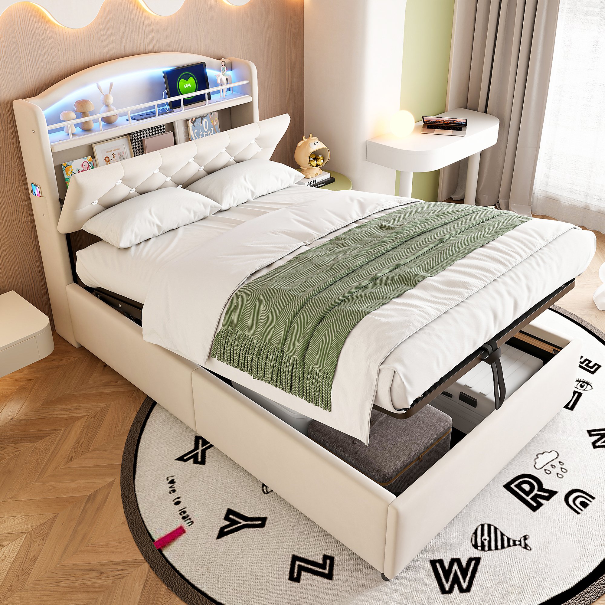 Lit coffre 90x200 en velours beige avec rangement hydraulique, LED, USB et sommier à lattes