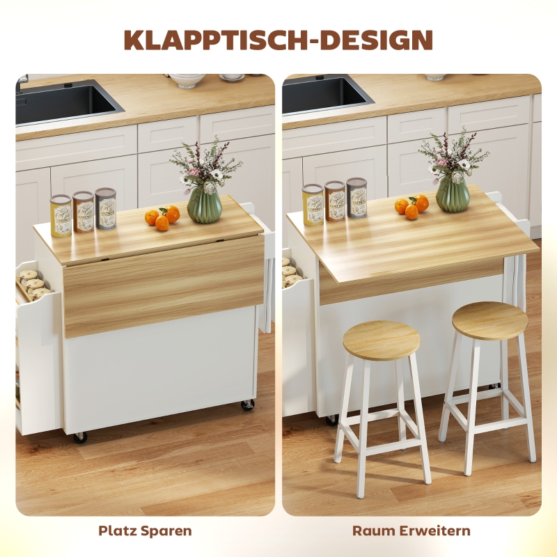 Îlot de cuisine 120x68x85 cm, blanc, avec plan de travail rabattable, rangement, tiroir et placard, sur roulettes