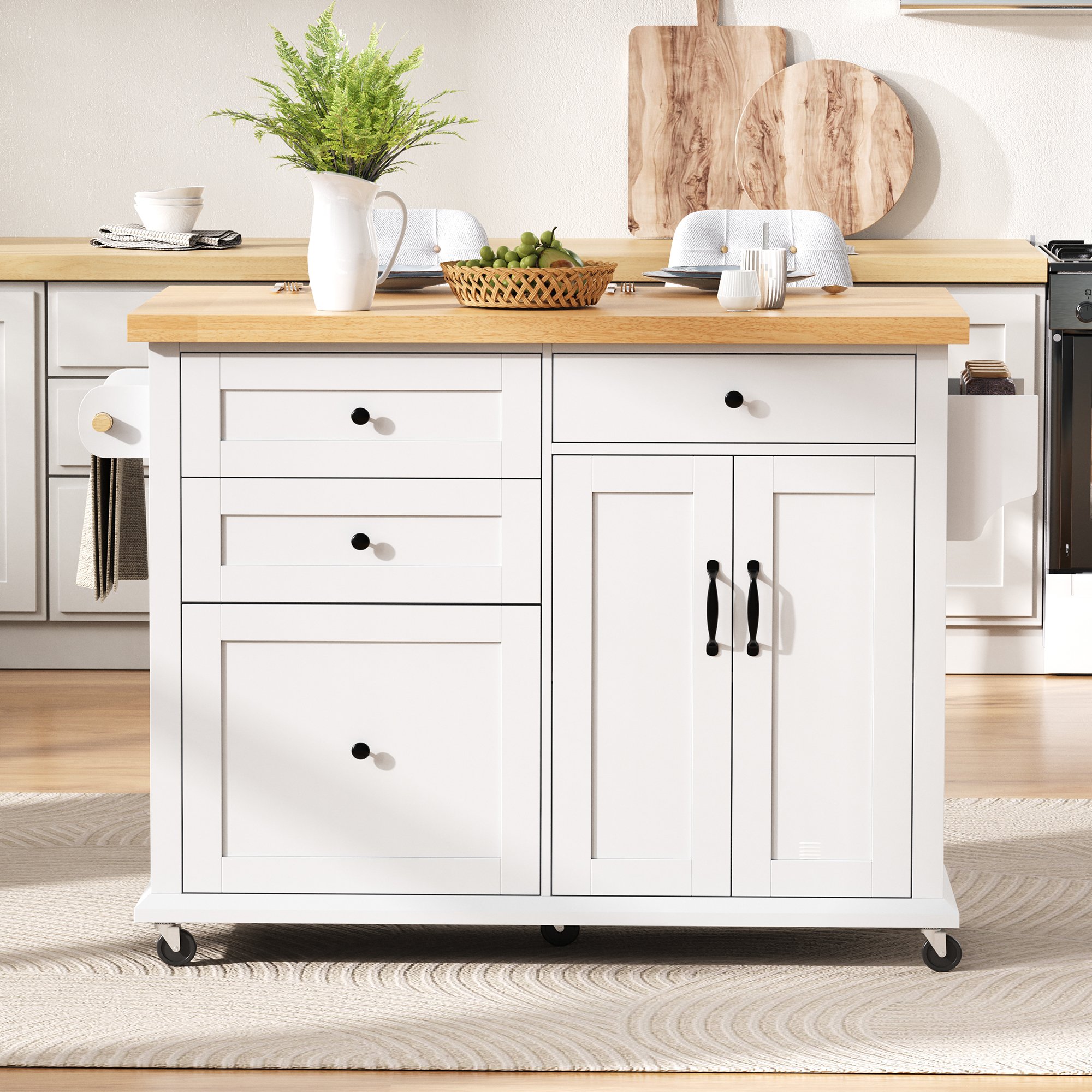 Îlot de cuisine en Panneau composite de fibres de bois à densité blanc avec plan de travail extensible, rangements avec portes et tiroirs, sur roulettes, 107x45x90,5 cm