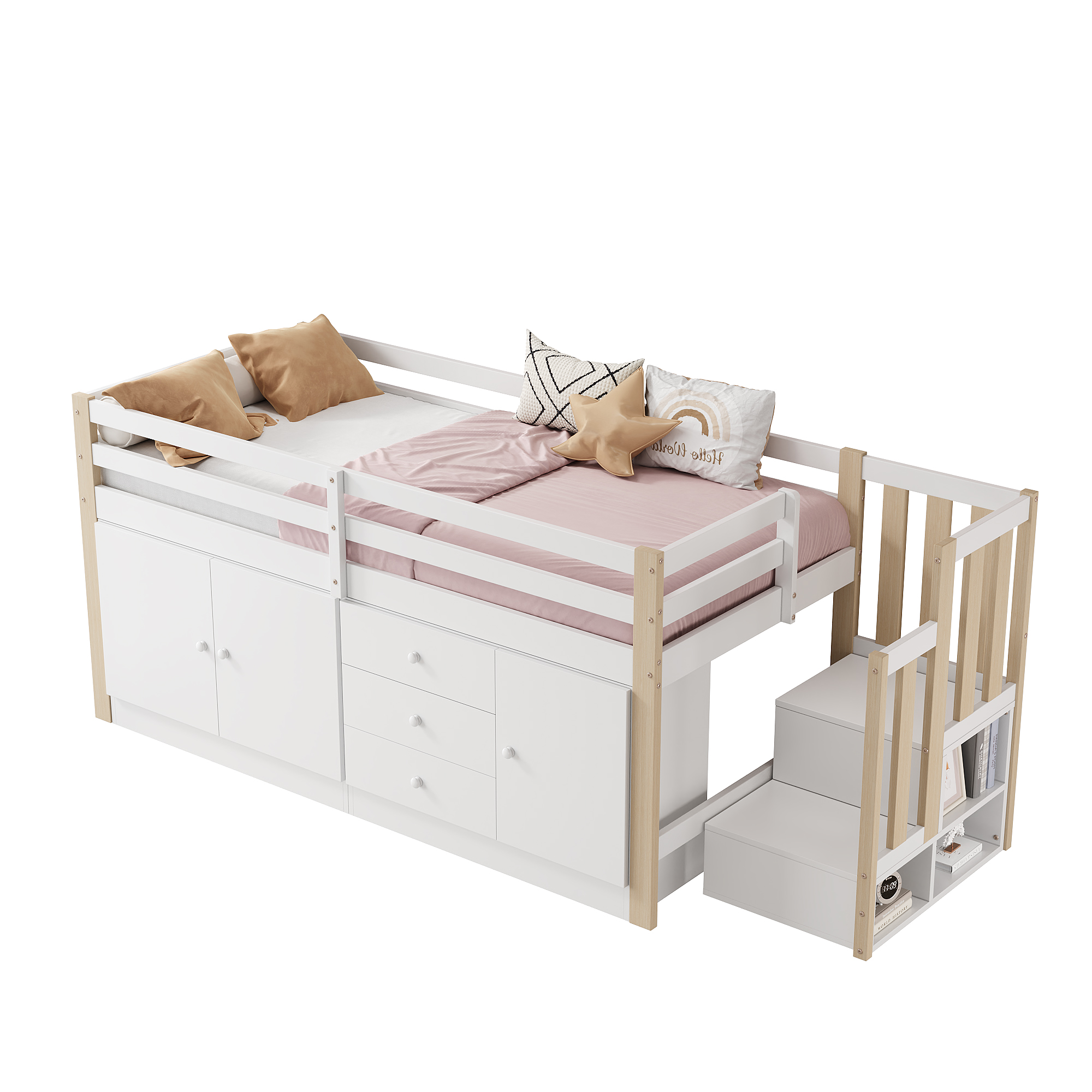 Lit mezzanine enfant blanc 90x200 avec escalier, tiroirs et armoires de rangement pour chambre d'enfant sans matelas
