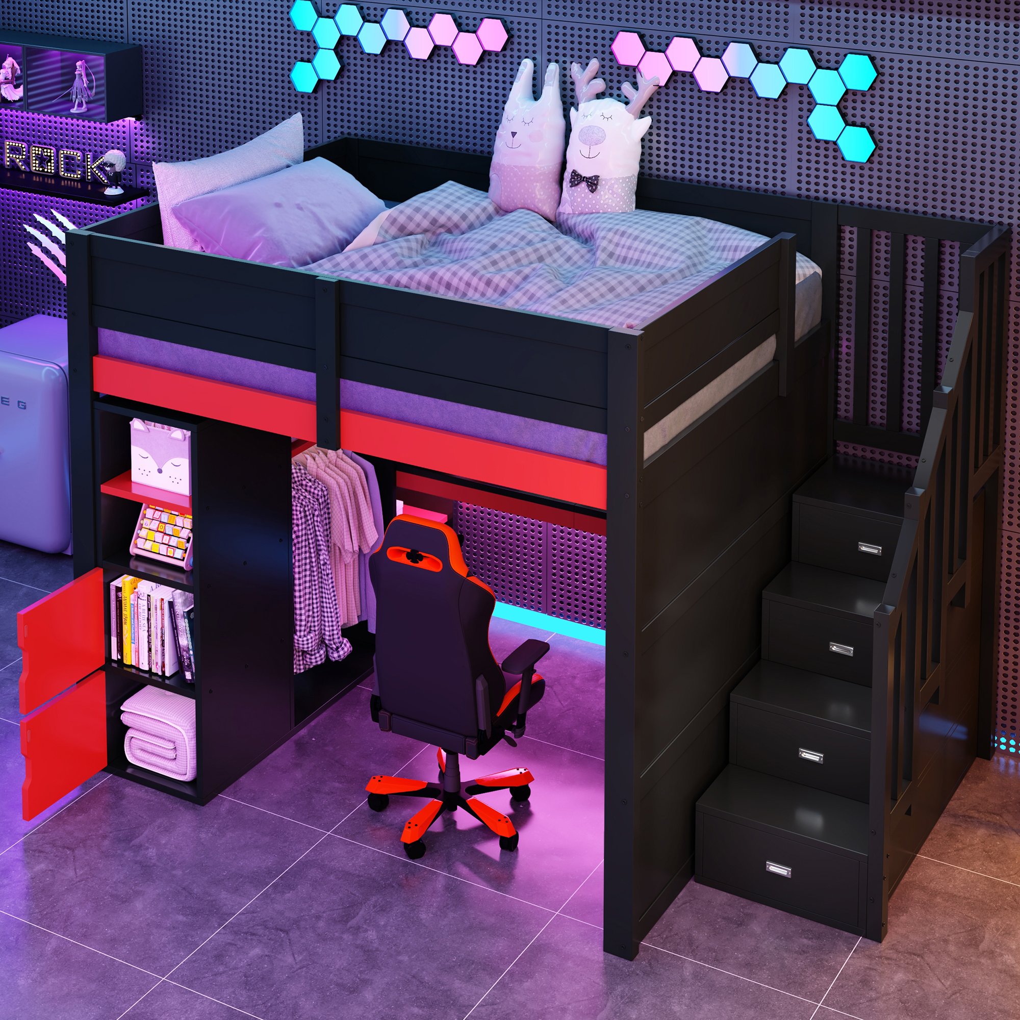 Lit mezzanine 140x200 avec bureau intégré et escalier avec rangements, LED et USB, noir et rouge