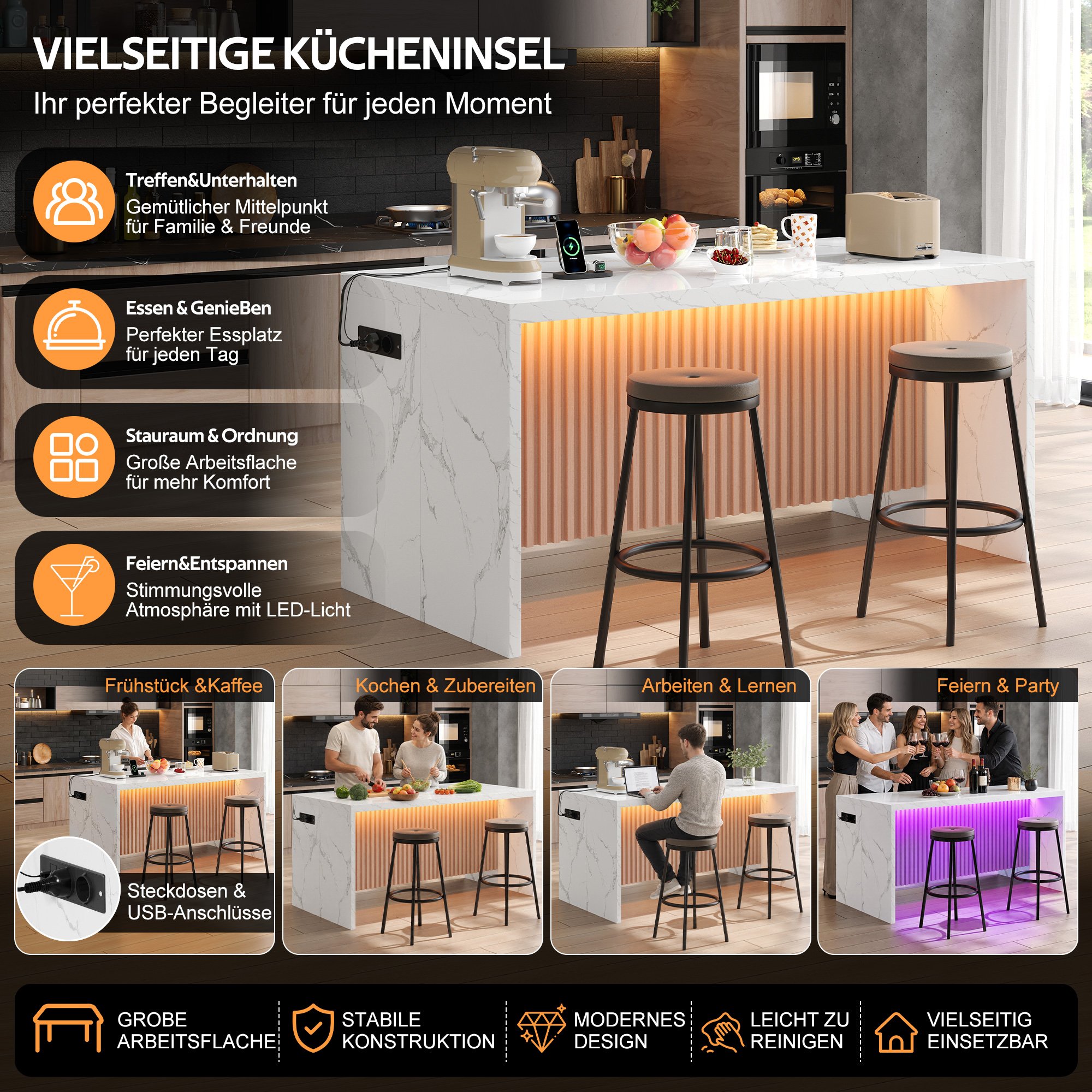 Îlot de cuisine blanc avec plan de travail en marbre, LED, prises et USB, 155x80x90 cm, Panneau composite de fibres de bois à densité, design industriel