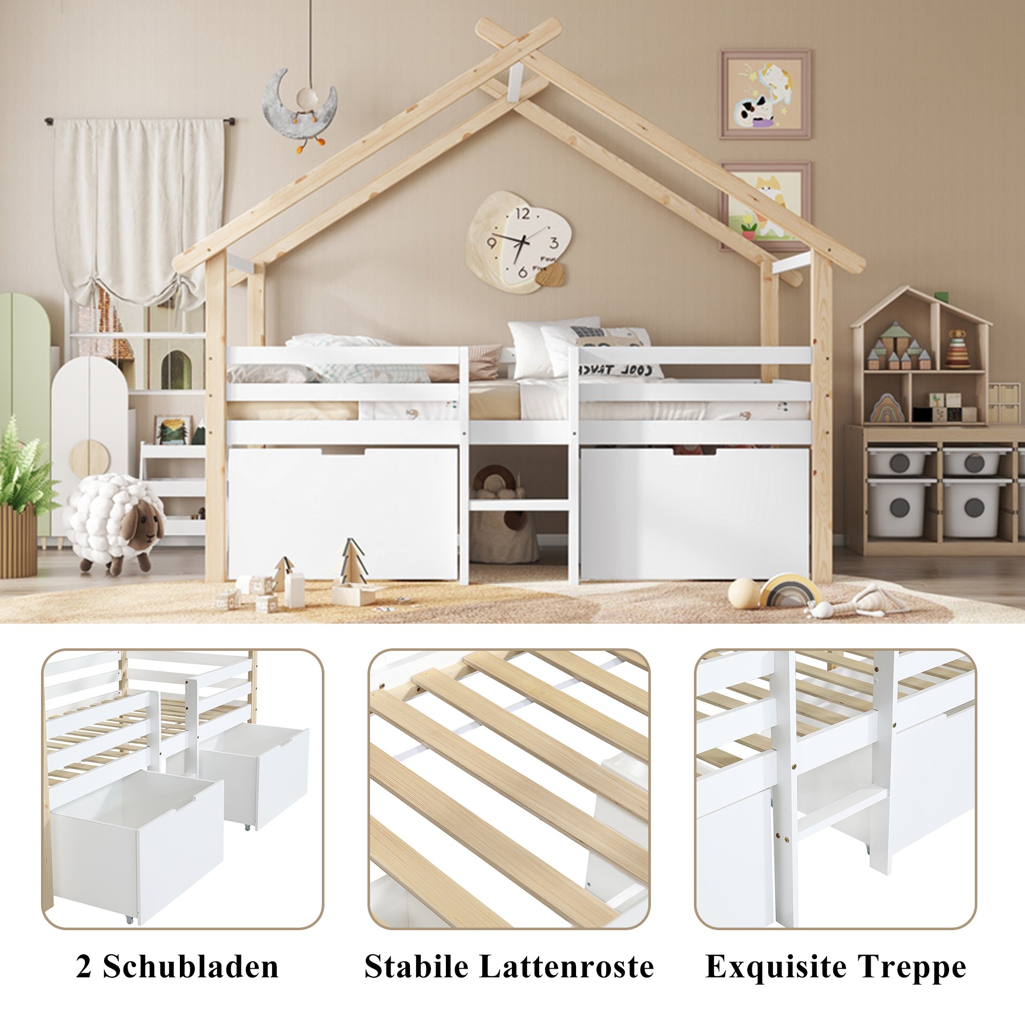 Lit cabane 90x200 avec rangements et tiroirs pour enfant, blanc et naturel
