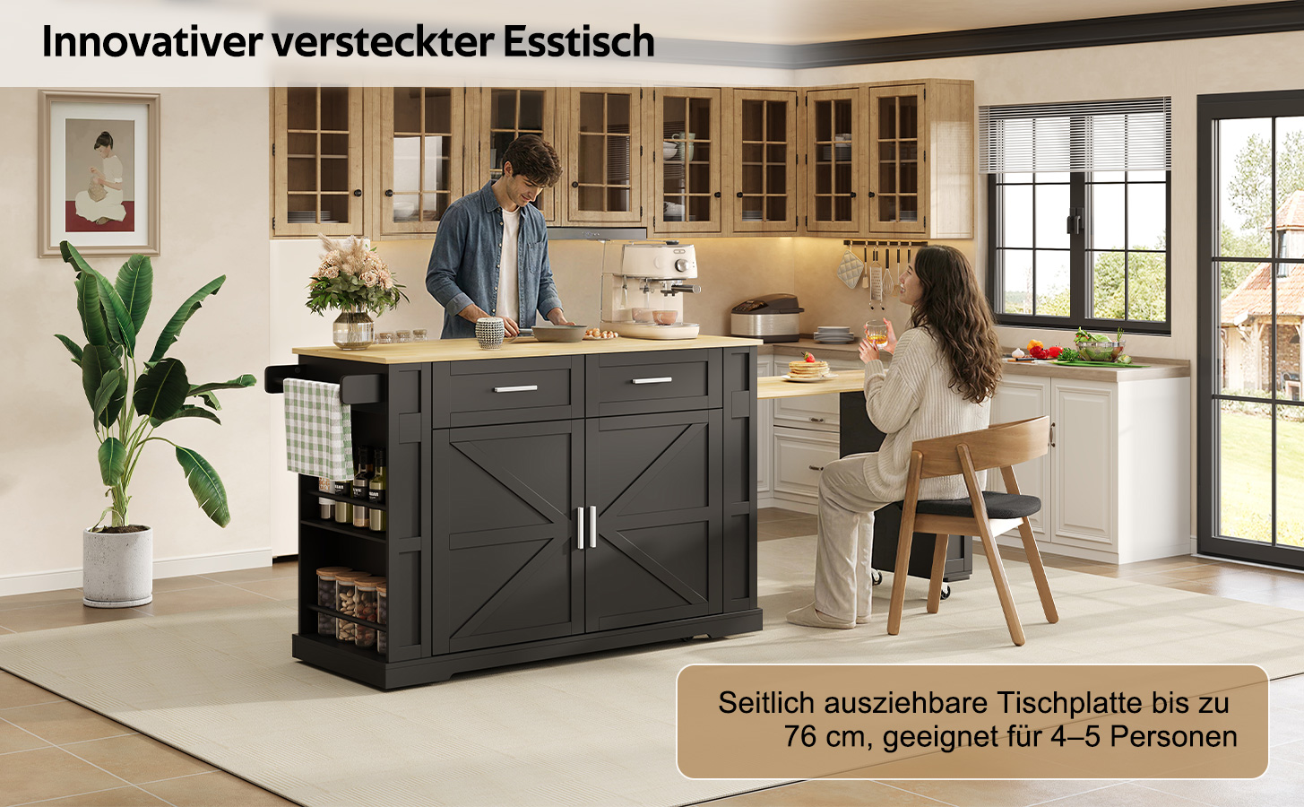 Îlot de cuisine 120x50 cm avec plan de travail extensible, noir et bois, 2 tiroirs, armoire, porte-serviettes et 7 roulettes