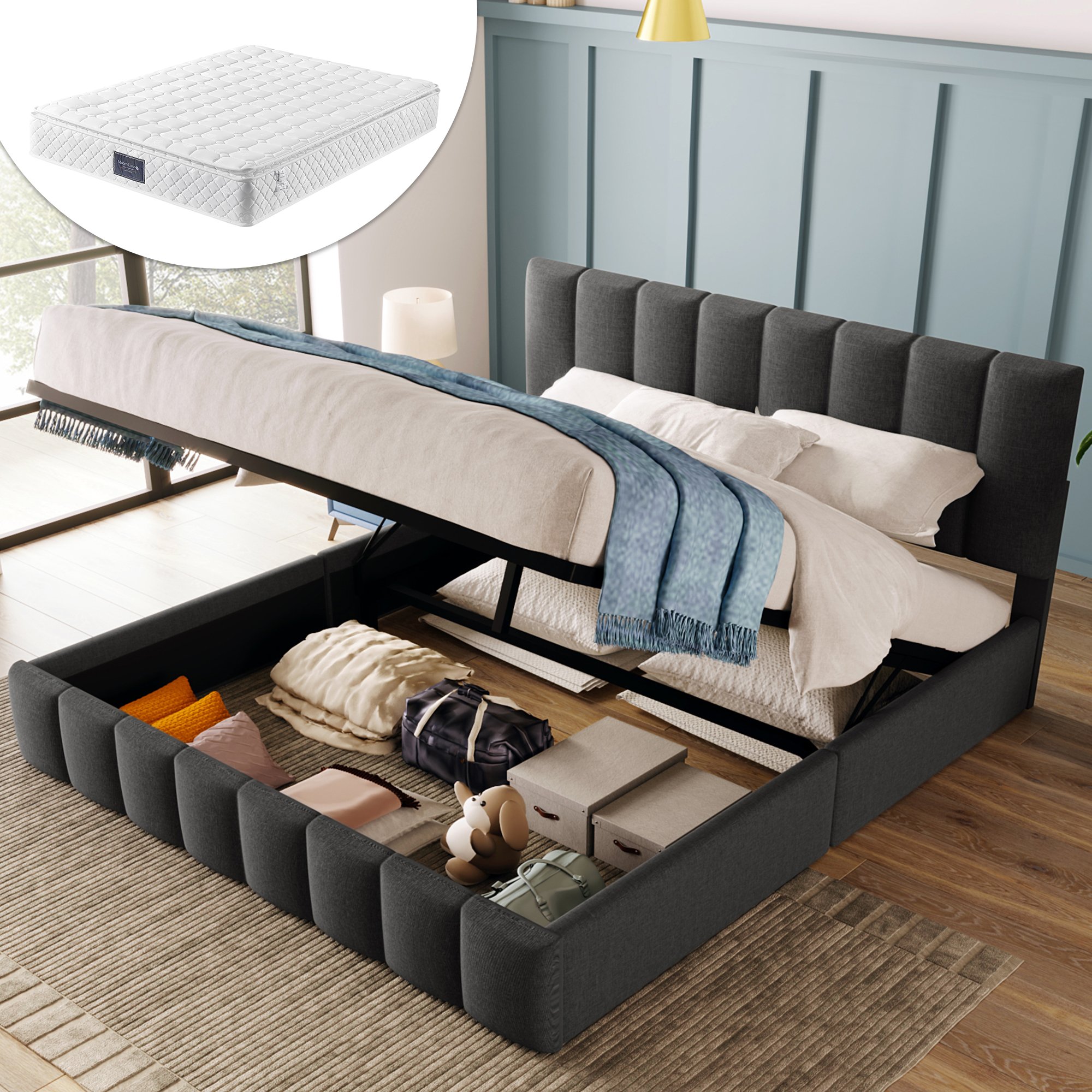 Lit double rembourré 140x200 gris avec tête réglable, rangement sous le couchage par hydraulique et matelas