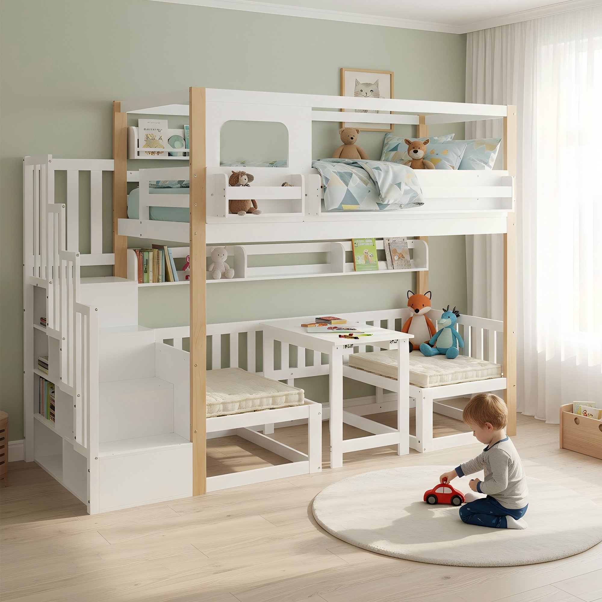 Lit superposé enfant 90x200 en bois blanc et naturel avec bureau rabattable et rangement