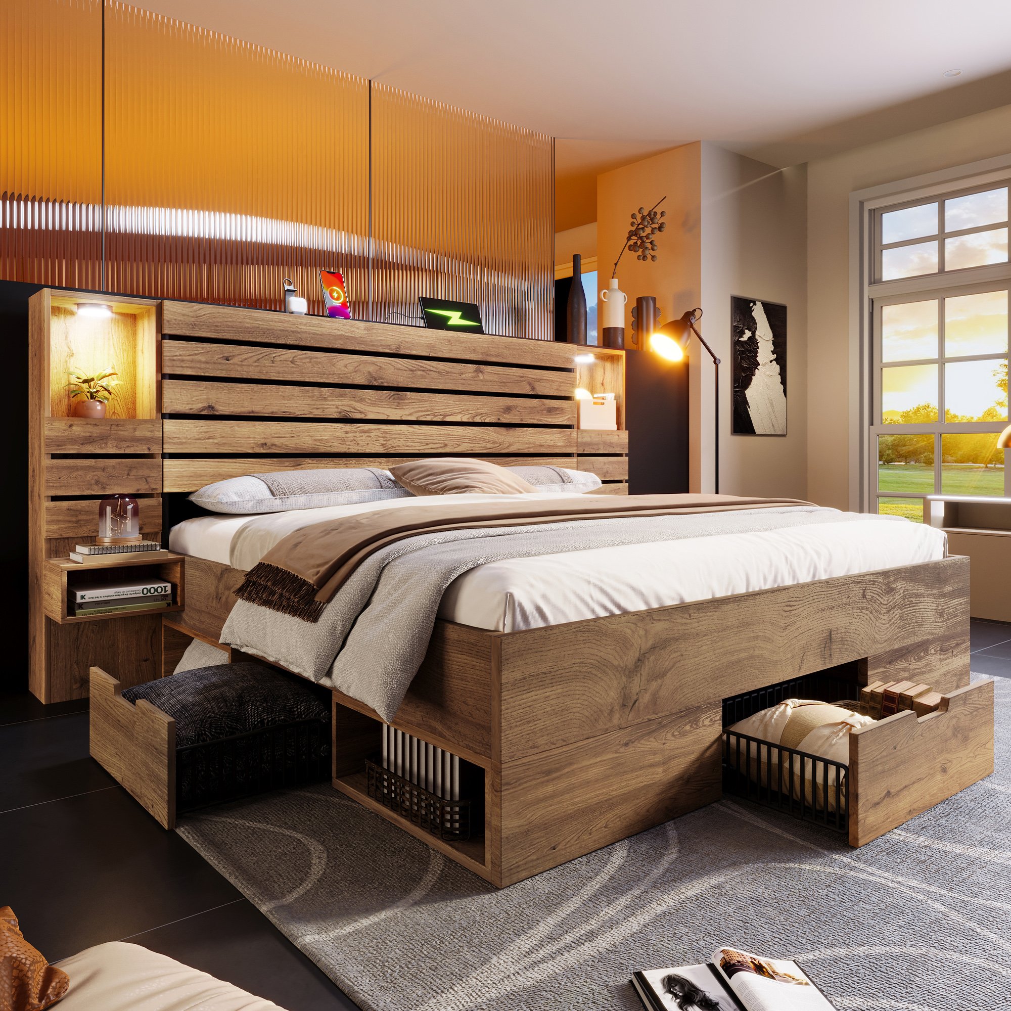 Lit coffre 160x200 avec LED et USB Type-C, rangement tiroirs et étagères, tête de lit avec niche lumineuse et tables flottantes