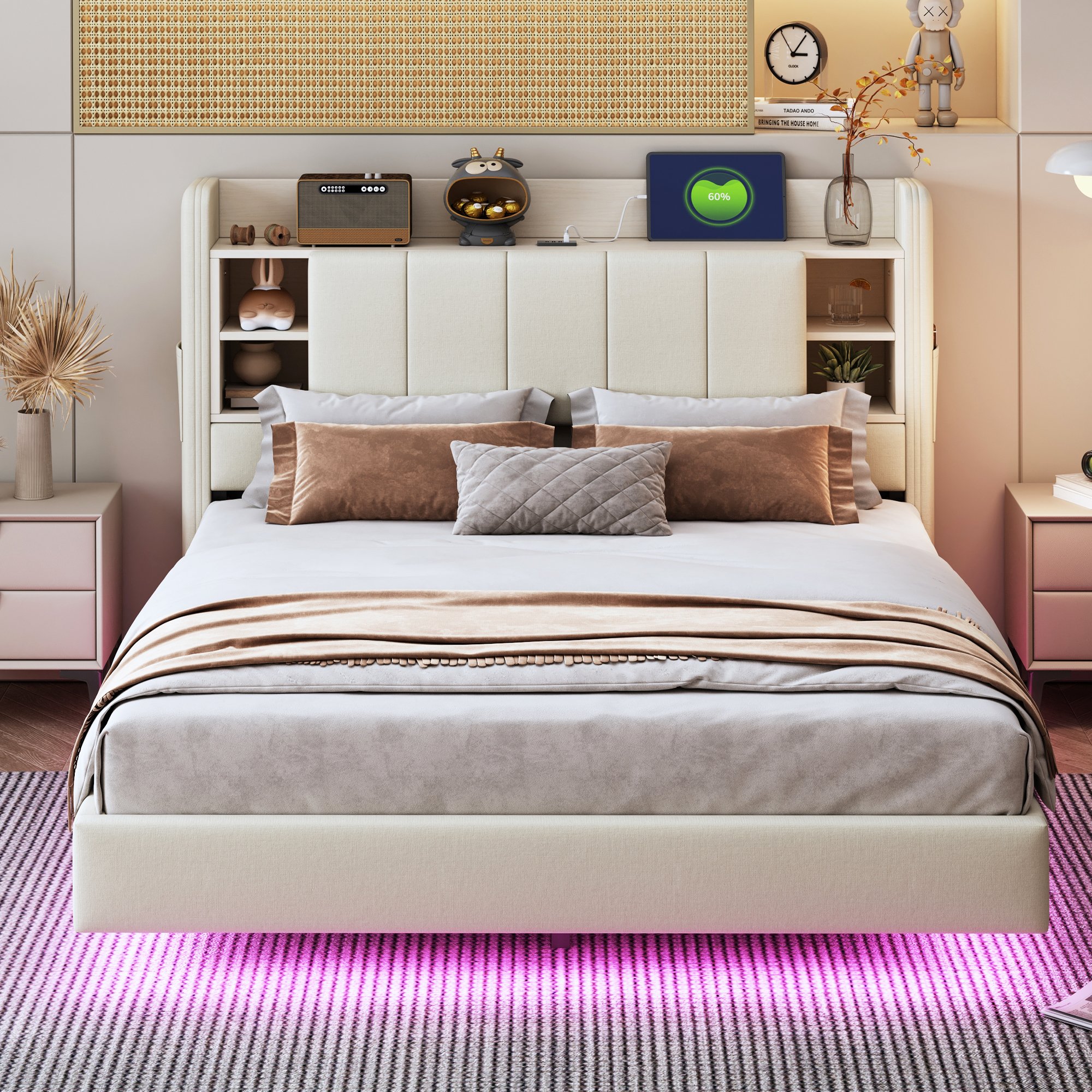 Lit coffre avec rangements intégrés, LED et USB, tête relevable, 140x200