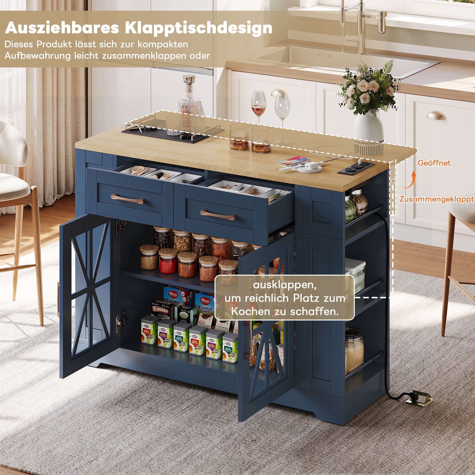 Îlot de cuisine en Panneau composite de fibres de bois à densité avec portes en verre, étagères réglables, tiroirs, plan de travail extensible, 120x65x92 cm, bleu et neutre