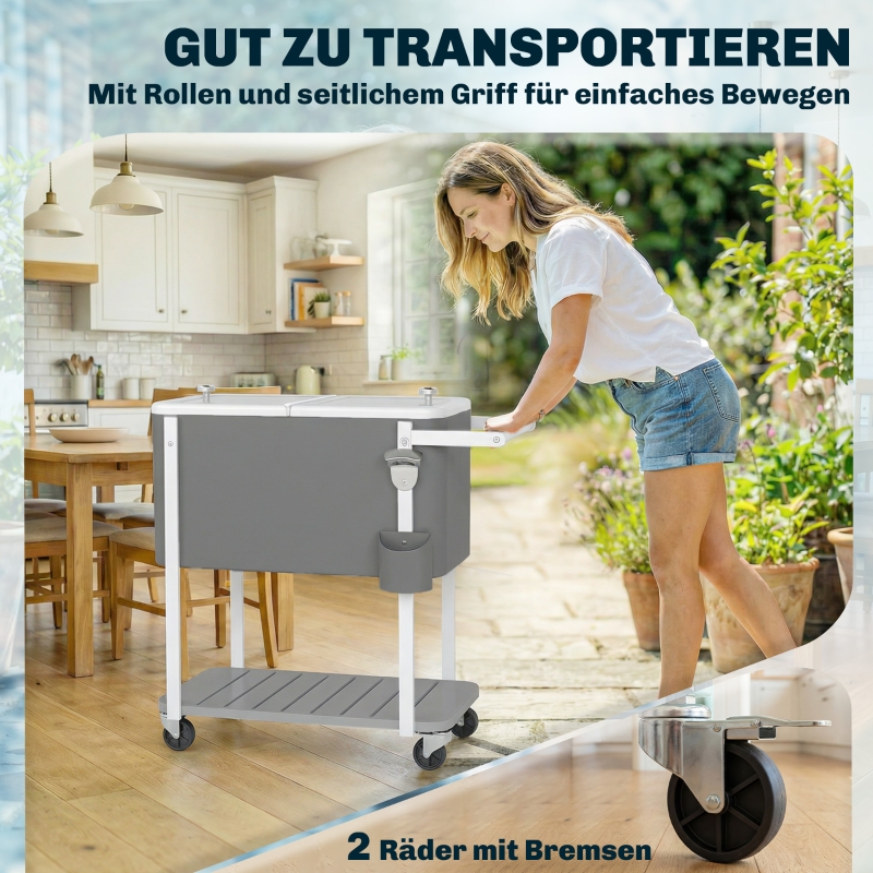 Îlot de cuisine sur roulettes avec glacière 56L, chariot de service gris, étagère de rangement, ouvre-bouteille, pour extérieur