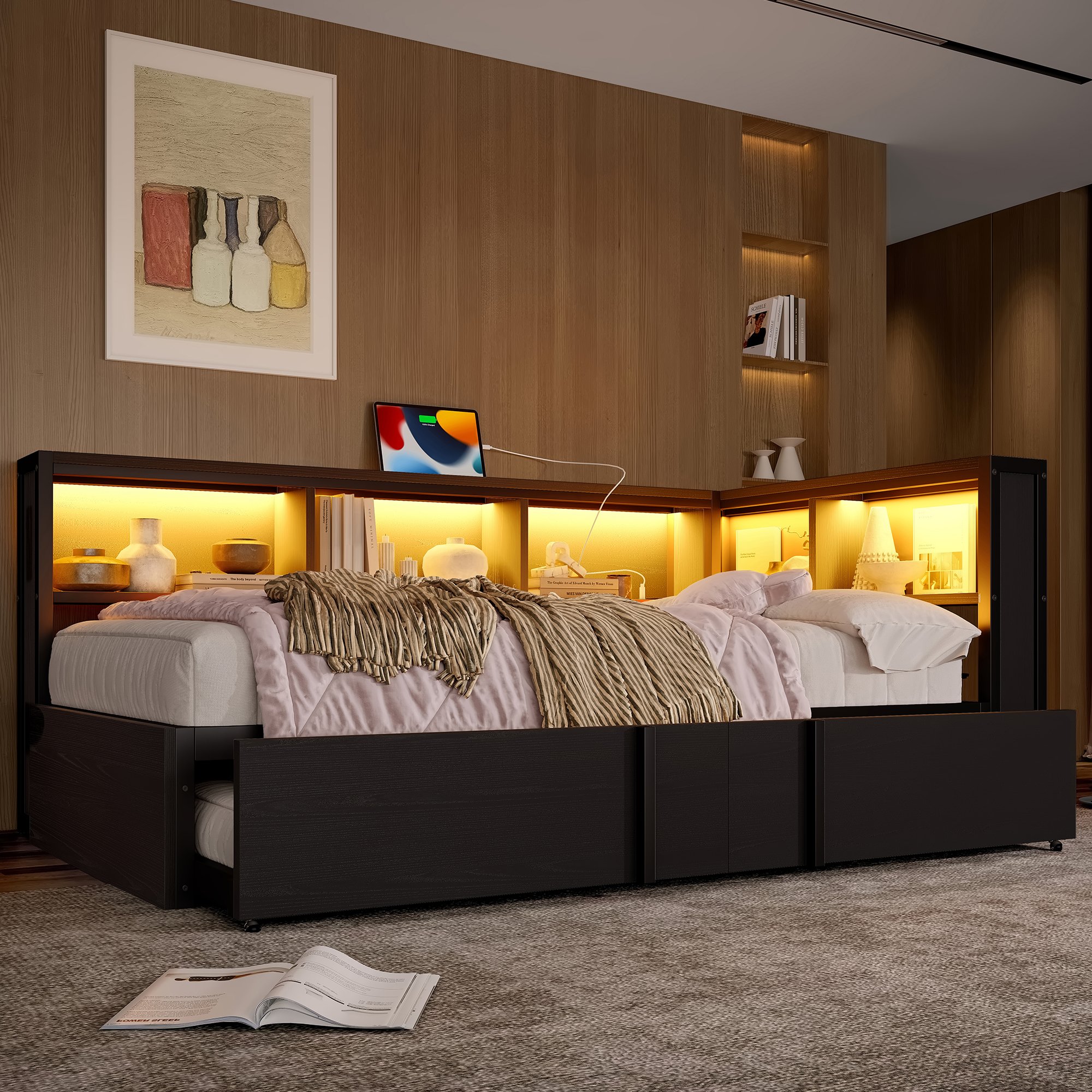 Lit gigogne 90x200 cm avec rangements et éclairage LED, métal noir