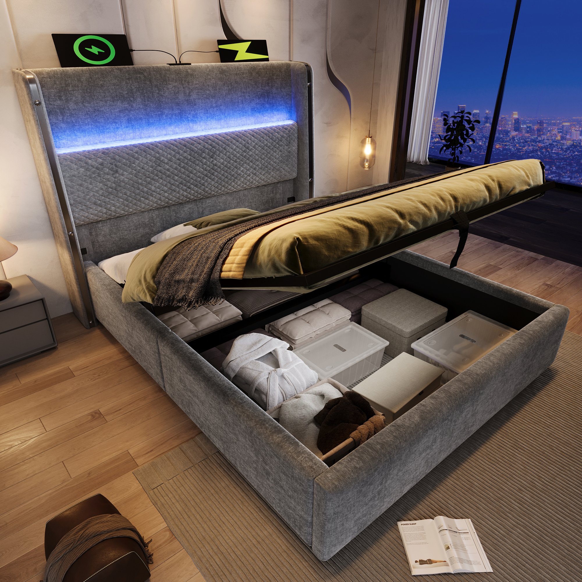 lit coffre 90x200 avec matelas, tête haute LED et rangement hydraulique gris lin