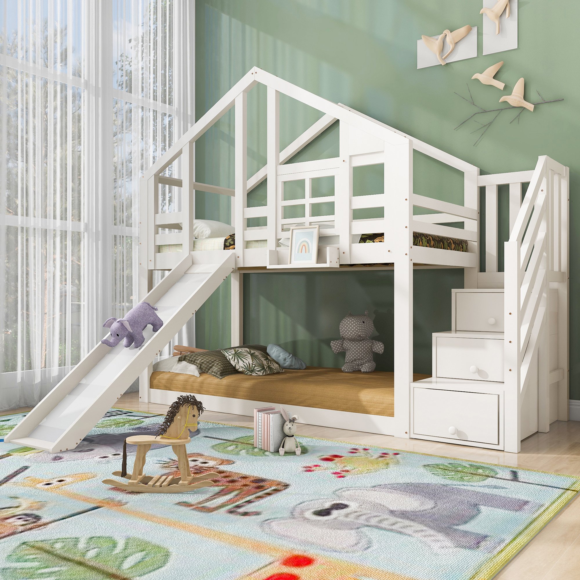 lit superposé enfant 90x200 cm en pin massif blanc avec toboggan, escalier sécurisé et rangements intégrés