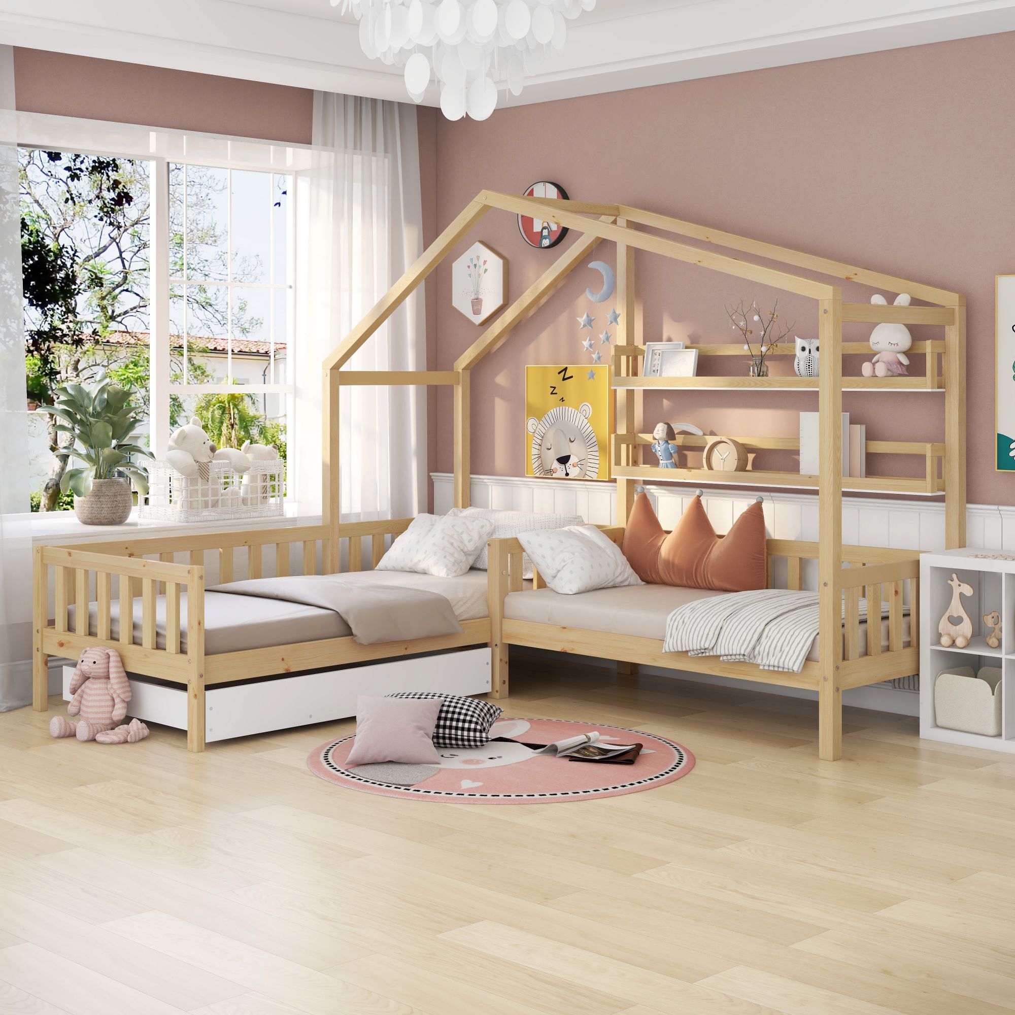 Lit cabane enfant avec rangements, tiroirs et étagères, 2 couchages 90x200 et 140x70, naturel