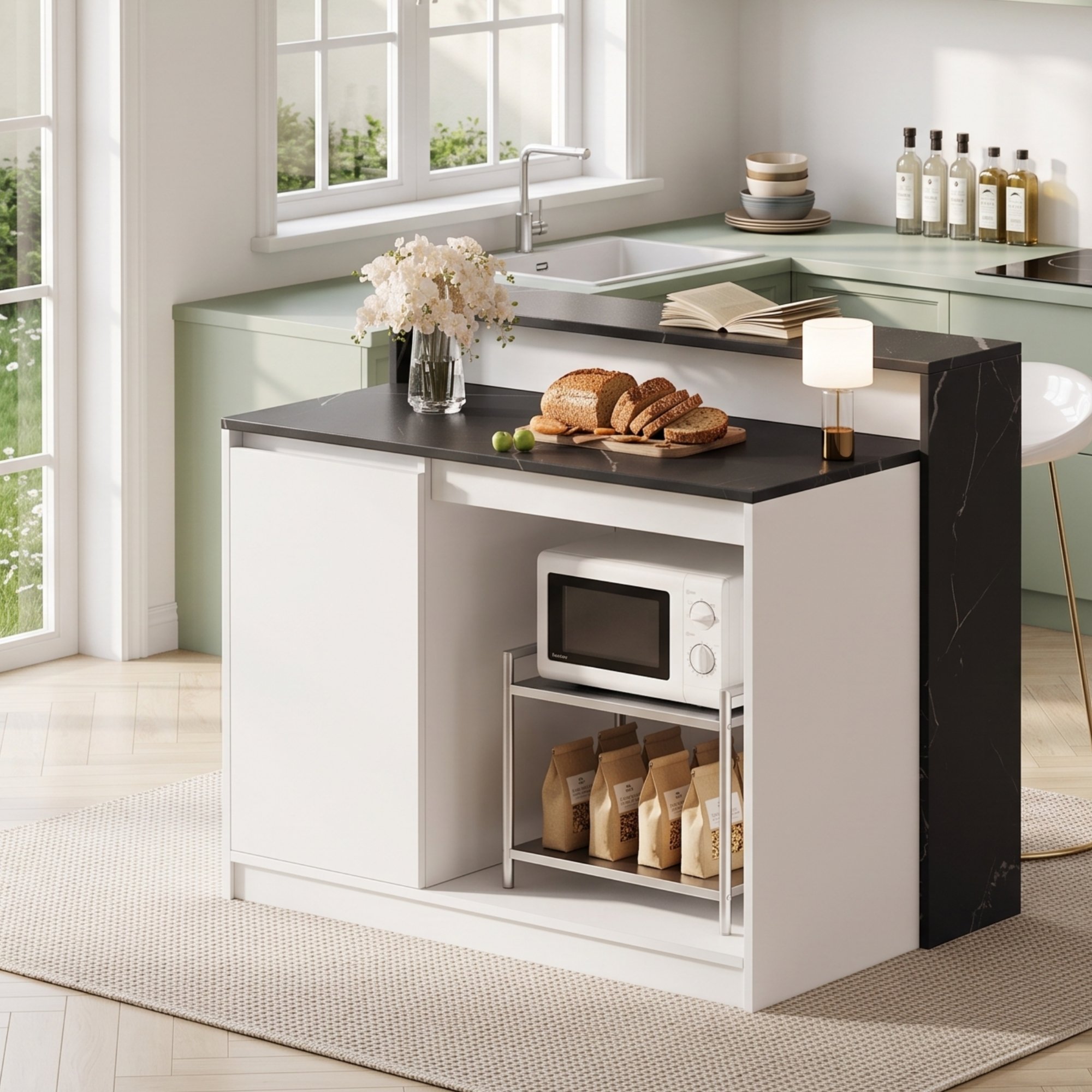 Îlot de cuisine avec bar et table intégrée, blanc et noir marbre, avec espace rangement, 120x80x100 cm