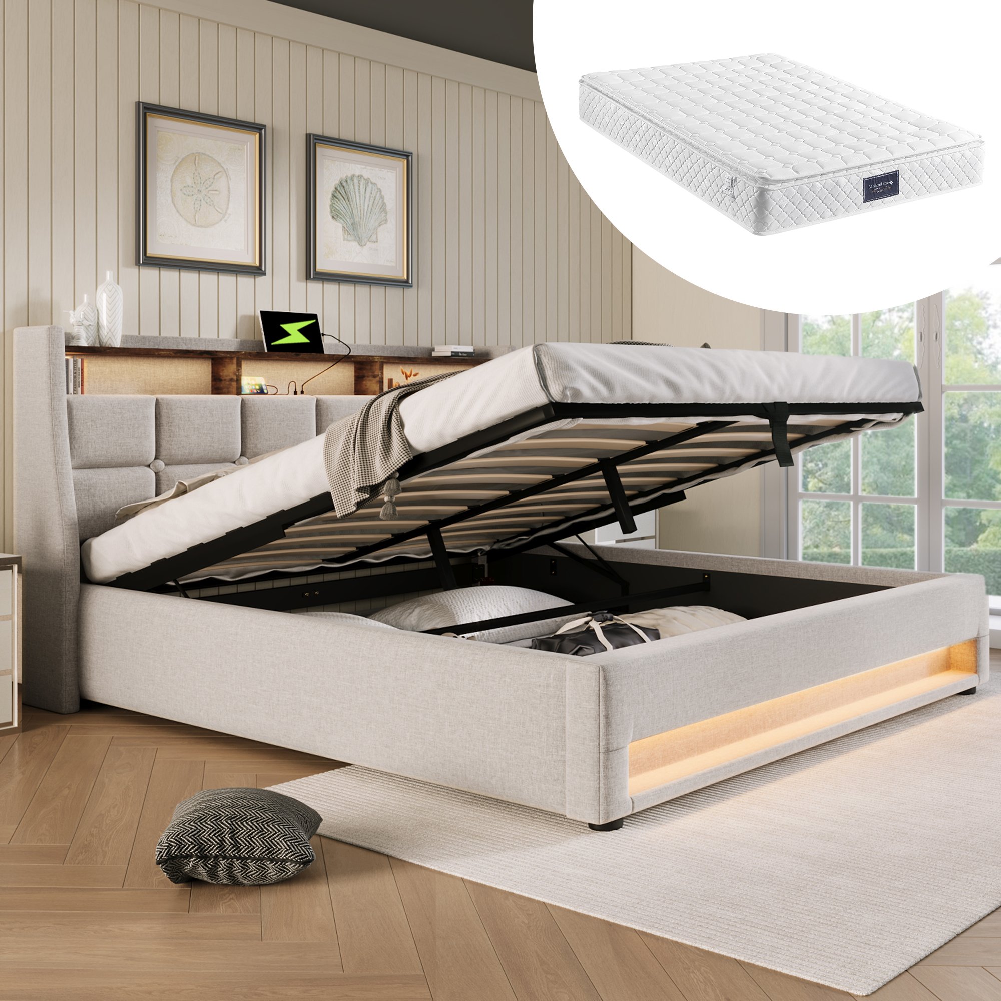 Lit double avec sommier et matelas, lit 140x200 rembourré beige LED USB, cadre de lit moderne avec rangement hydraulique