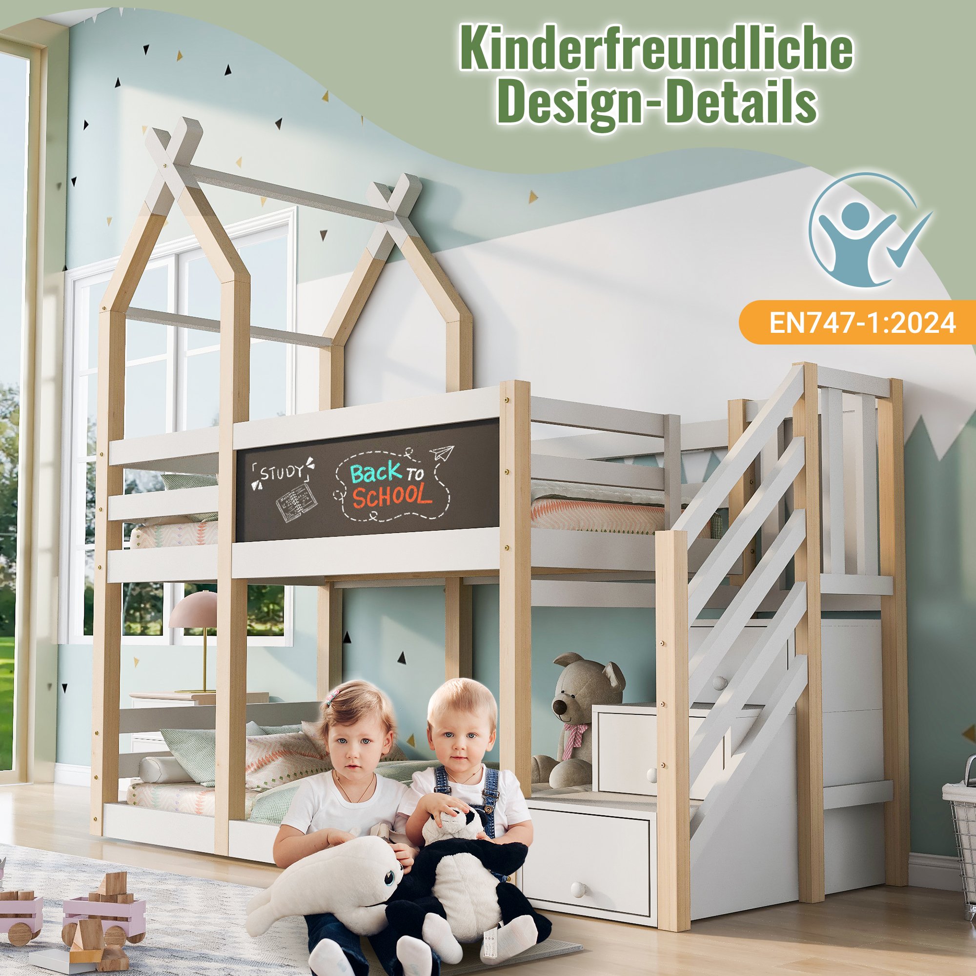 Lit superposé enfant 90x200 en pin massif et Panneau composite de fibres de bois à densité blanc avec rangement intégrée et tableau noir, design maisonnette sécurisé