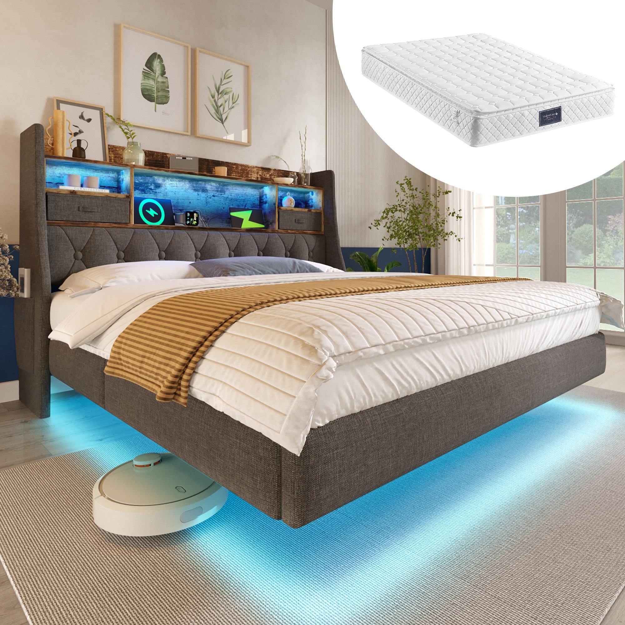 Lit coffre 140x200 gris avec LED connectée, ports USB rapide, rangement tête de lit et matelas