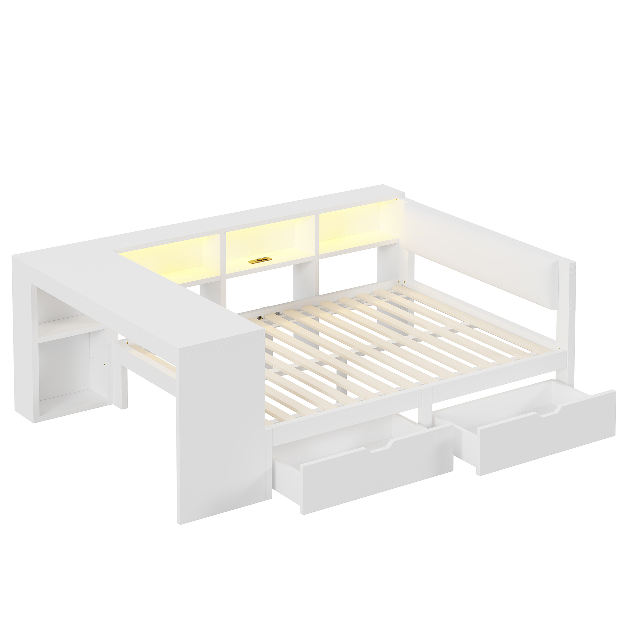 Lit plateforme avec rangements, tiroirs et station de charge, 140x200, tête rembourrée