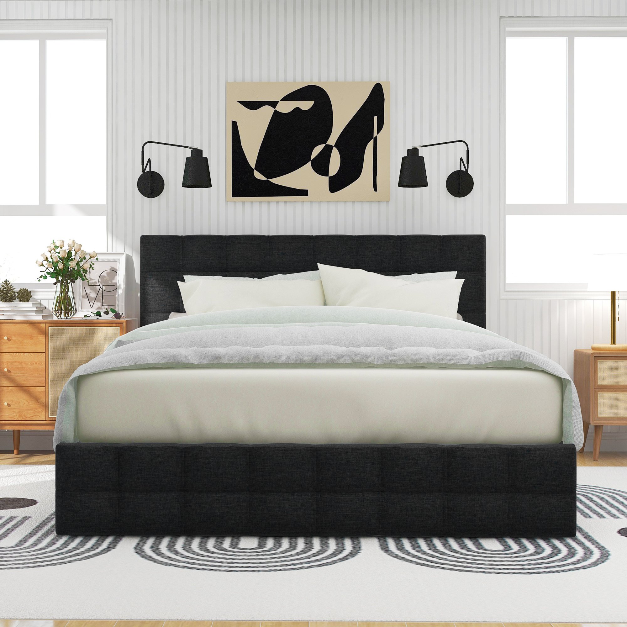 lit coffre 140x200 noir en tissu lin avec tête de lit rembourrée et sommier à lattes métallique, 4 tiroirs de rangement