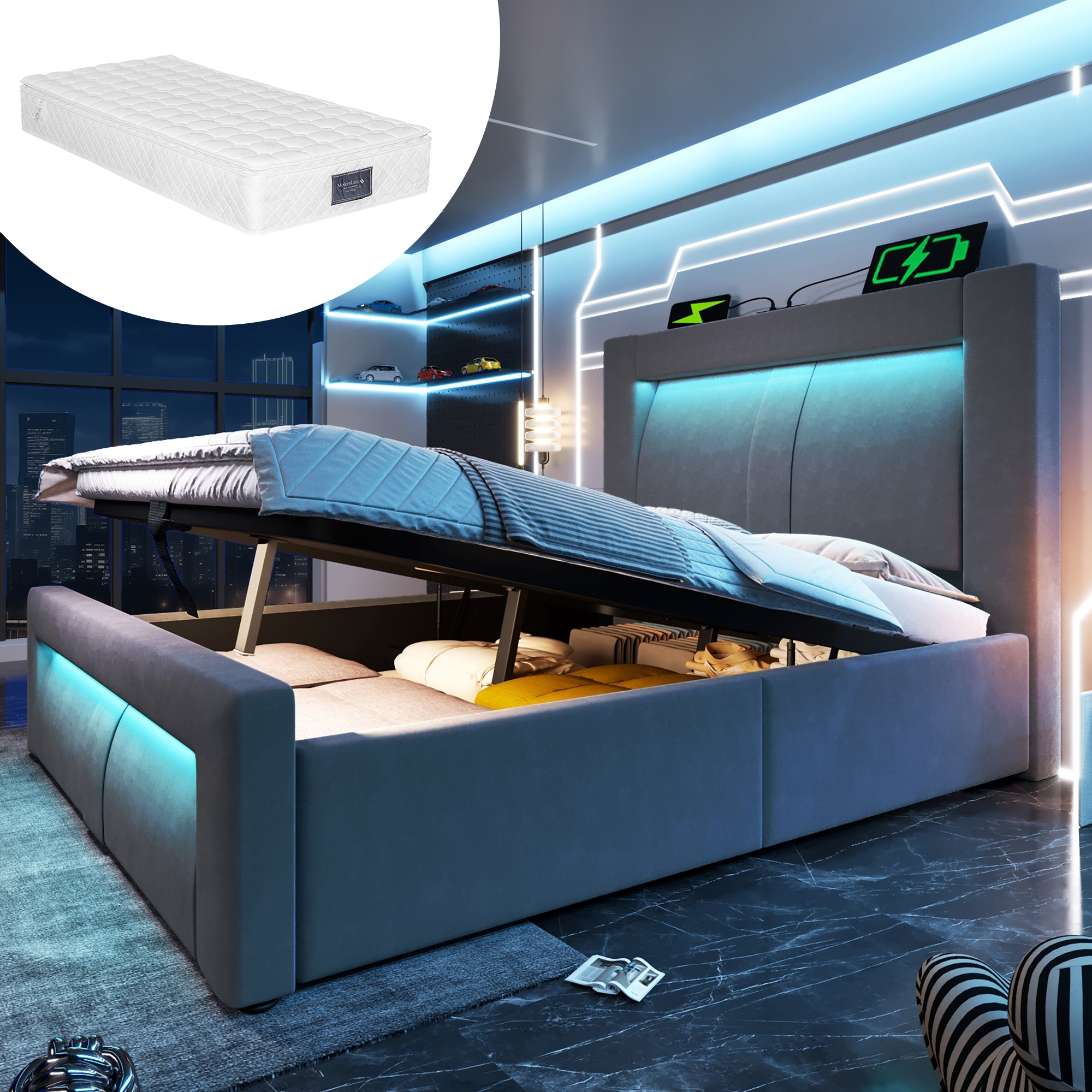 lit coffre 90x200 pour chambre adulte avec matelas 7 zones, rangement sous le couchage et design contemporain
