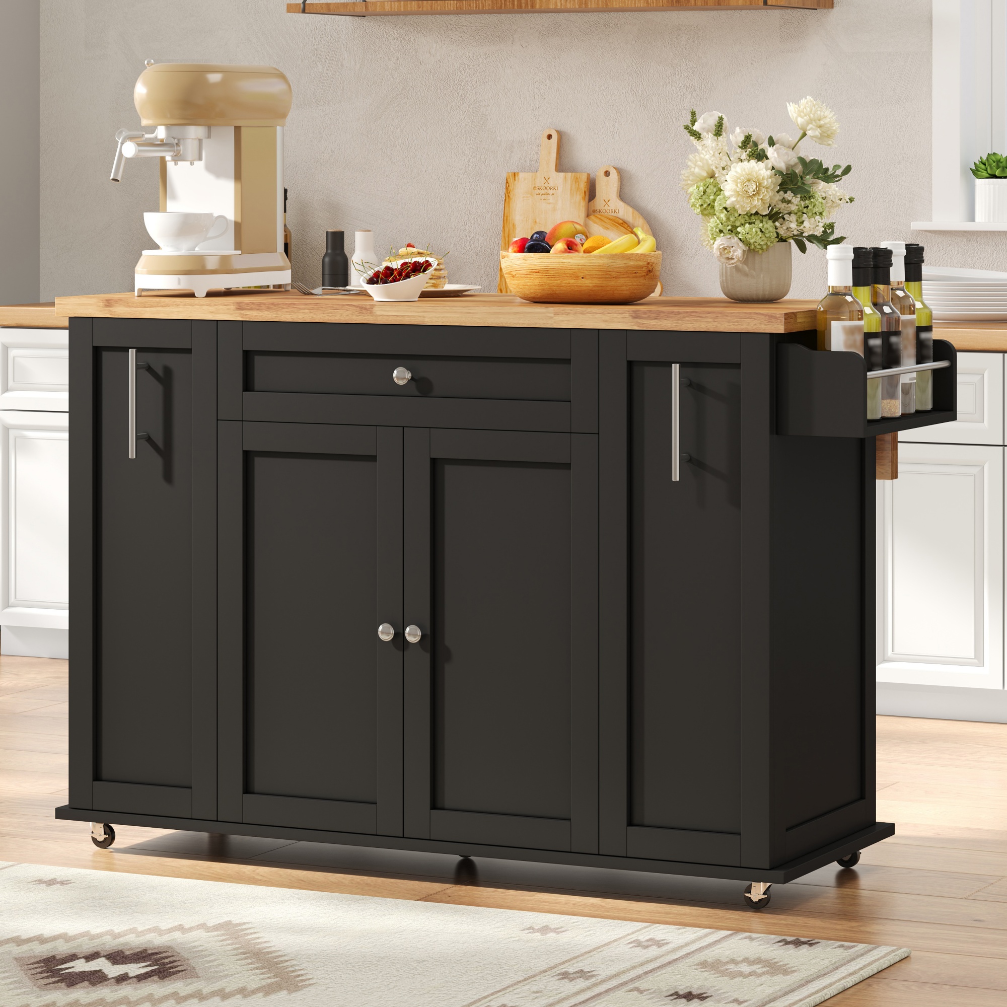 Îlot de cuisine avec plan de travail rabattable, rangement, 3 tiroirs, 2 armoires, roulettes, Panneau composite de fibres de bois à densité noir et bois naturel, 120x70x87 cm