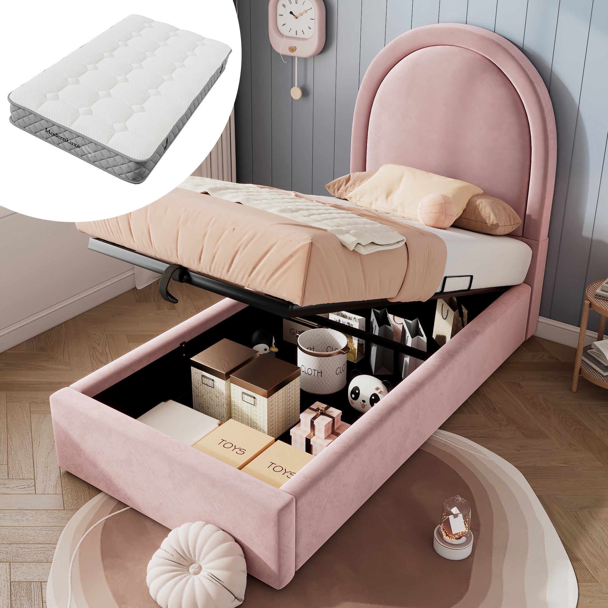 lit coffre 90x200 avec matelas 7 zones H3, velours rose, rangement hydraulique et sommier à lattes