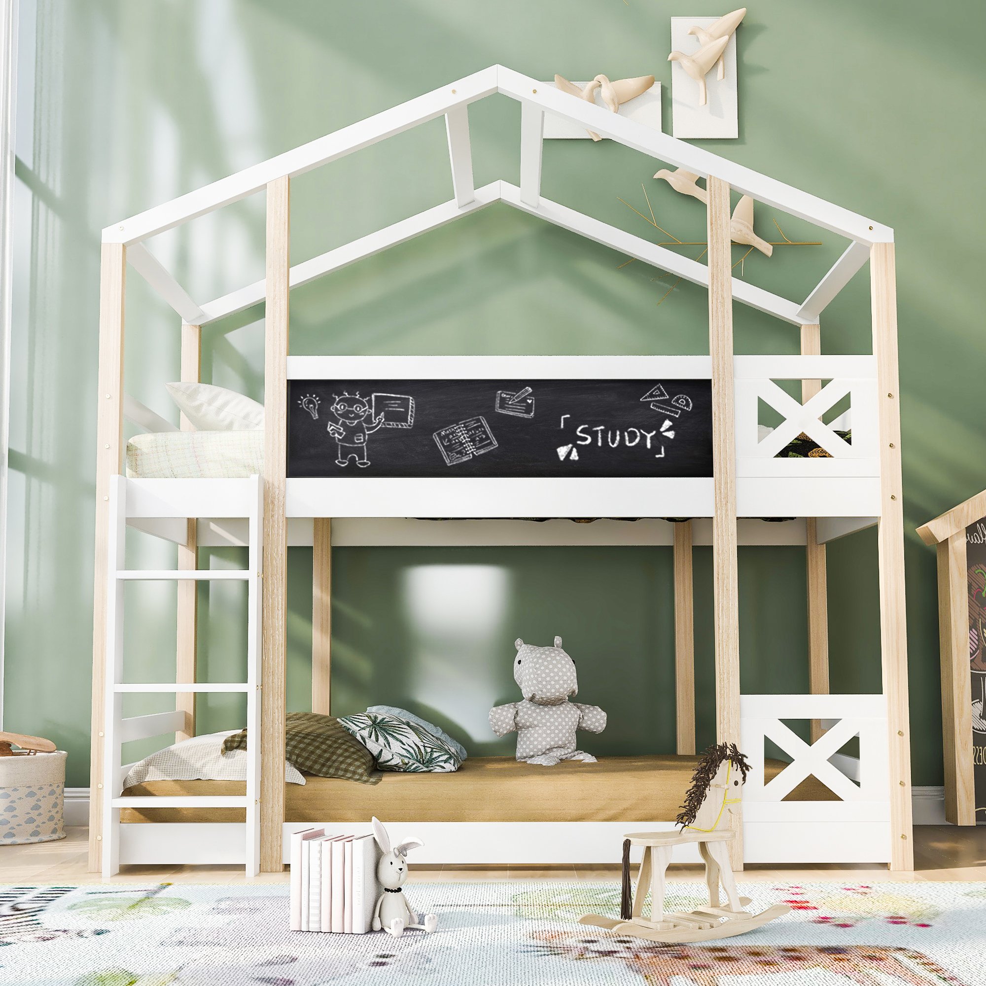 Lit mezzanine enfant avec échelle et barrière de sécurité, lit surélevé blanc en pin massif pour chambre d'enfant 6 ans+