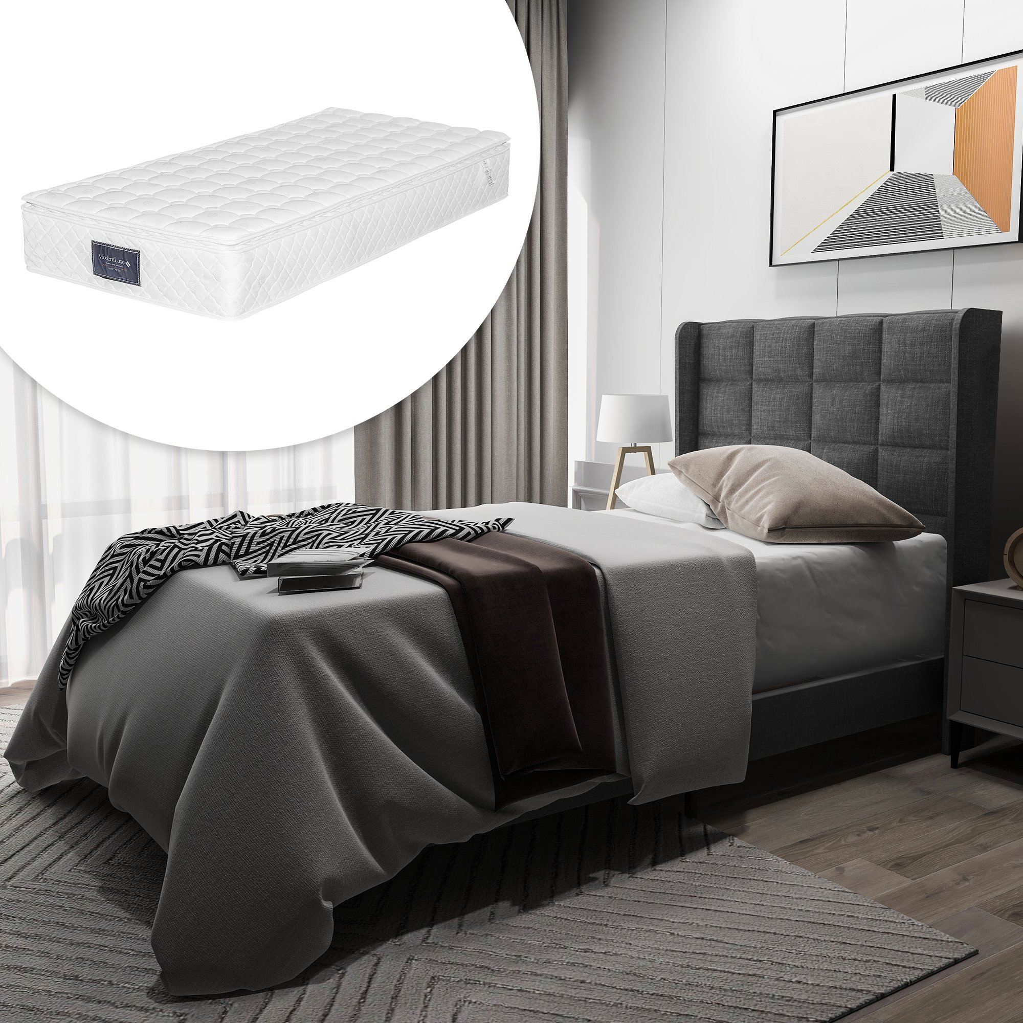 lit rembourré 90x200 gris avec sommier à lattes et matelas ressorts, tête haute capitonnée