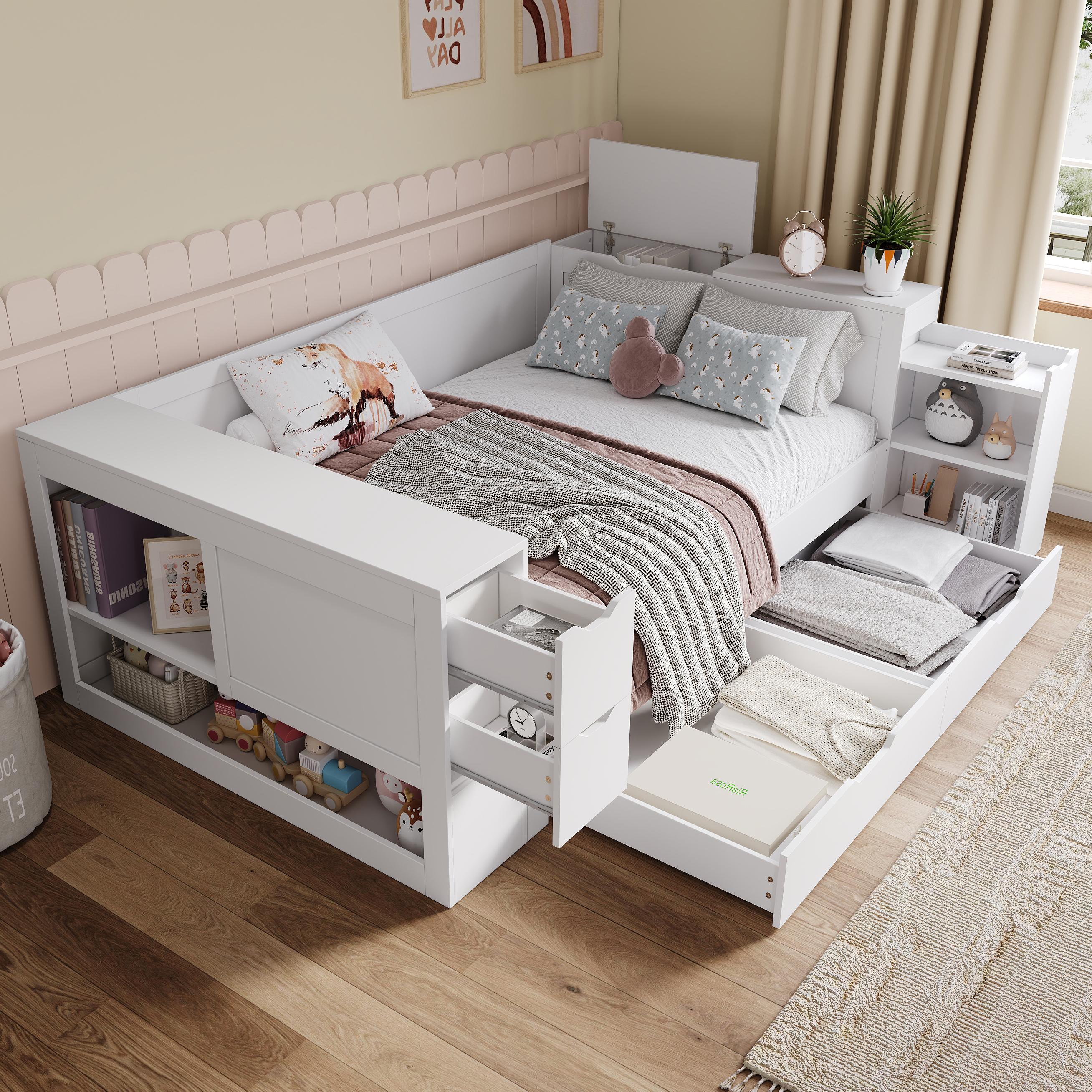 Lit coffre 140x200 blanc en Panneau composite de fibres de bois à densité avec tiroirs et étagères, structure robuste pour adolescent ou enfant, sans matelas