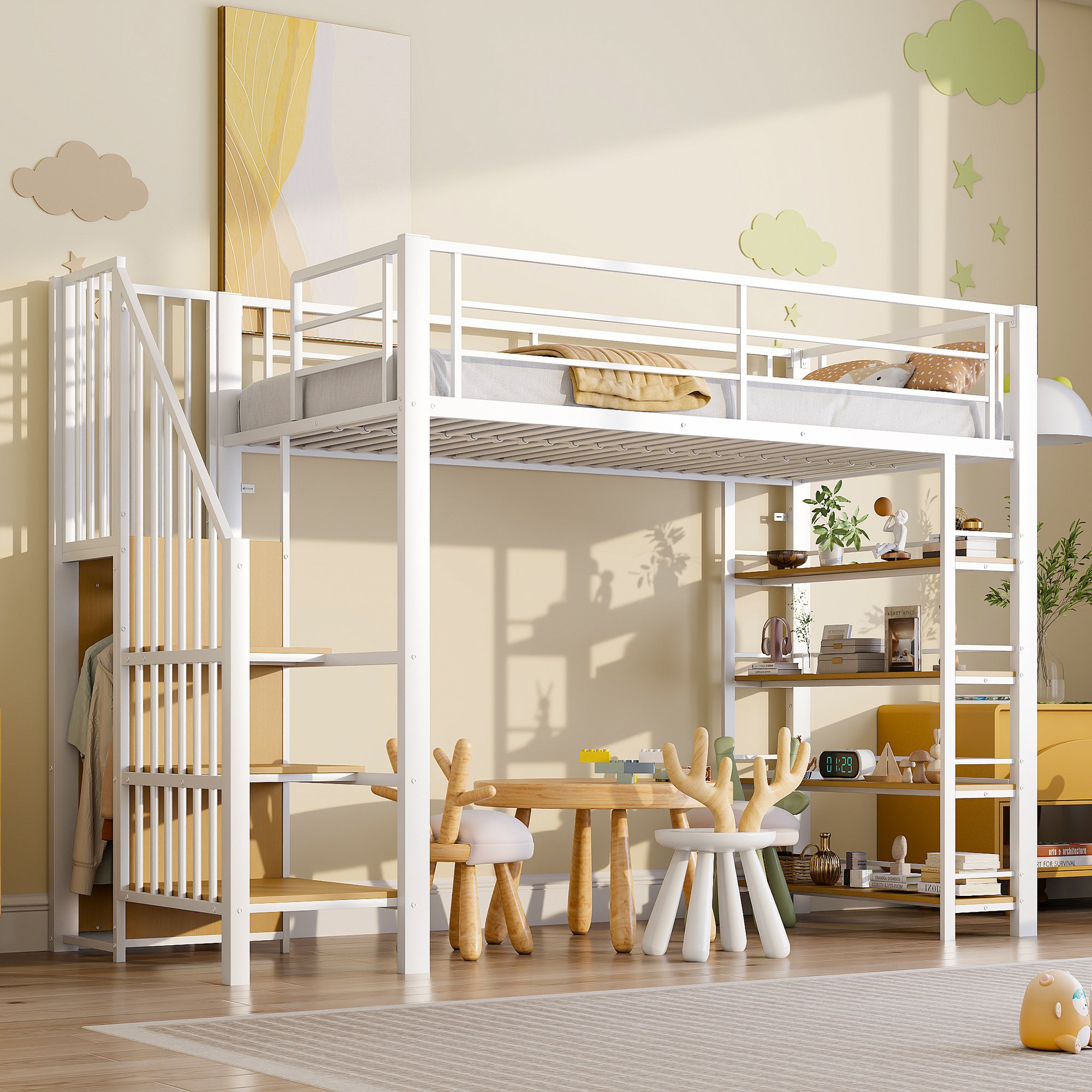Lit mezzanine 90x200 avec échelle et rangement, blanc, en métal, pour enfant