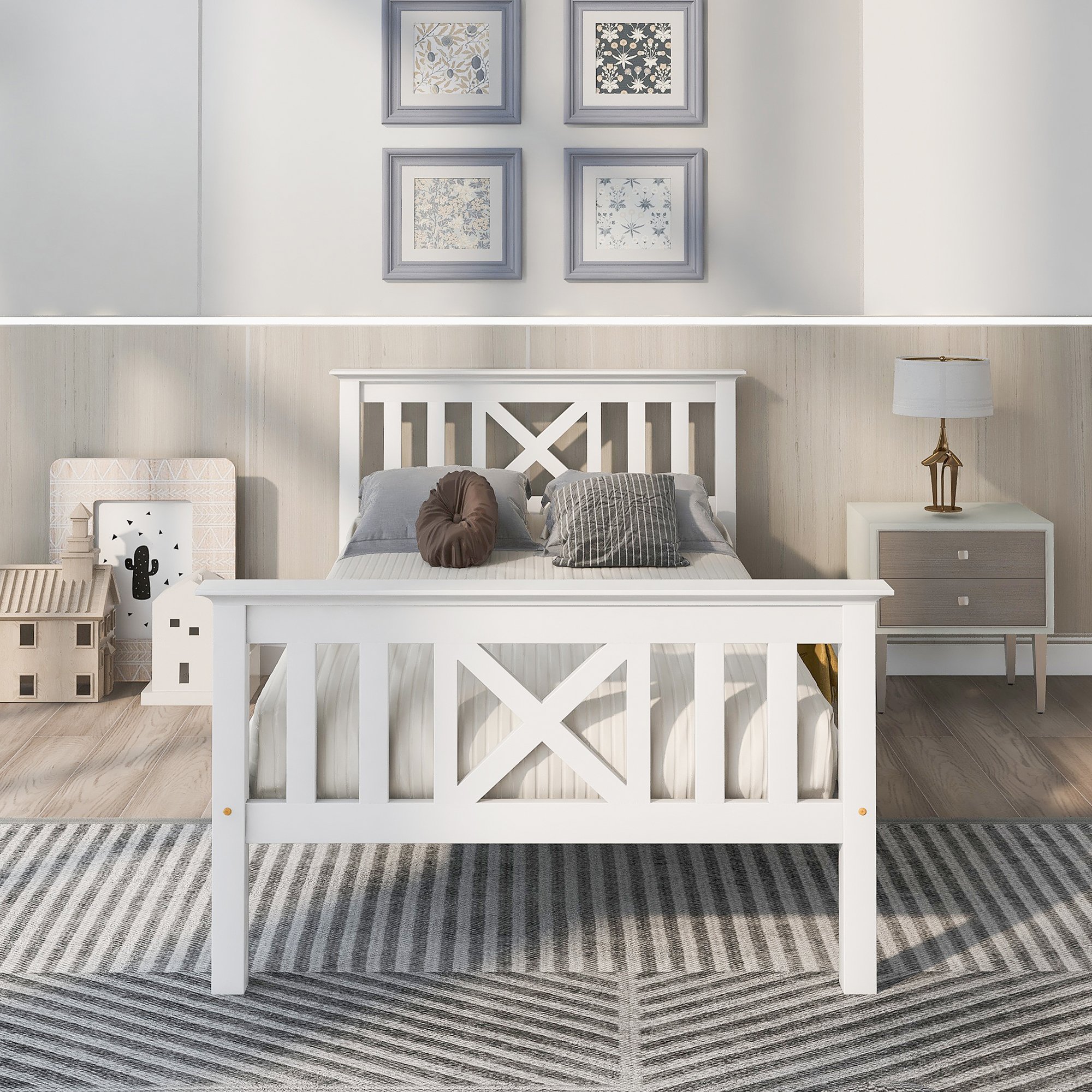 Lit enfant 90x200 blanc en pin massif avec sommier à lattes et tête de lit design en X, cadre robuste pour adolescent
