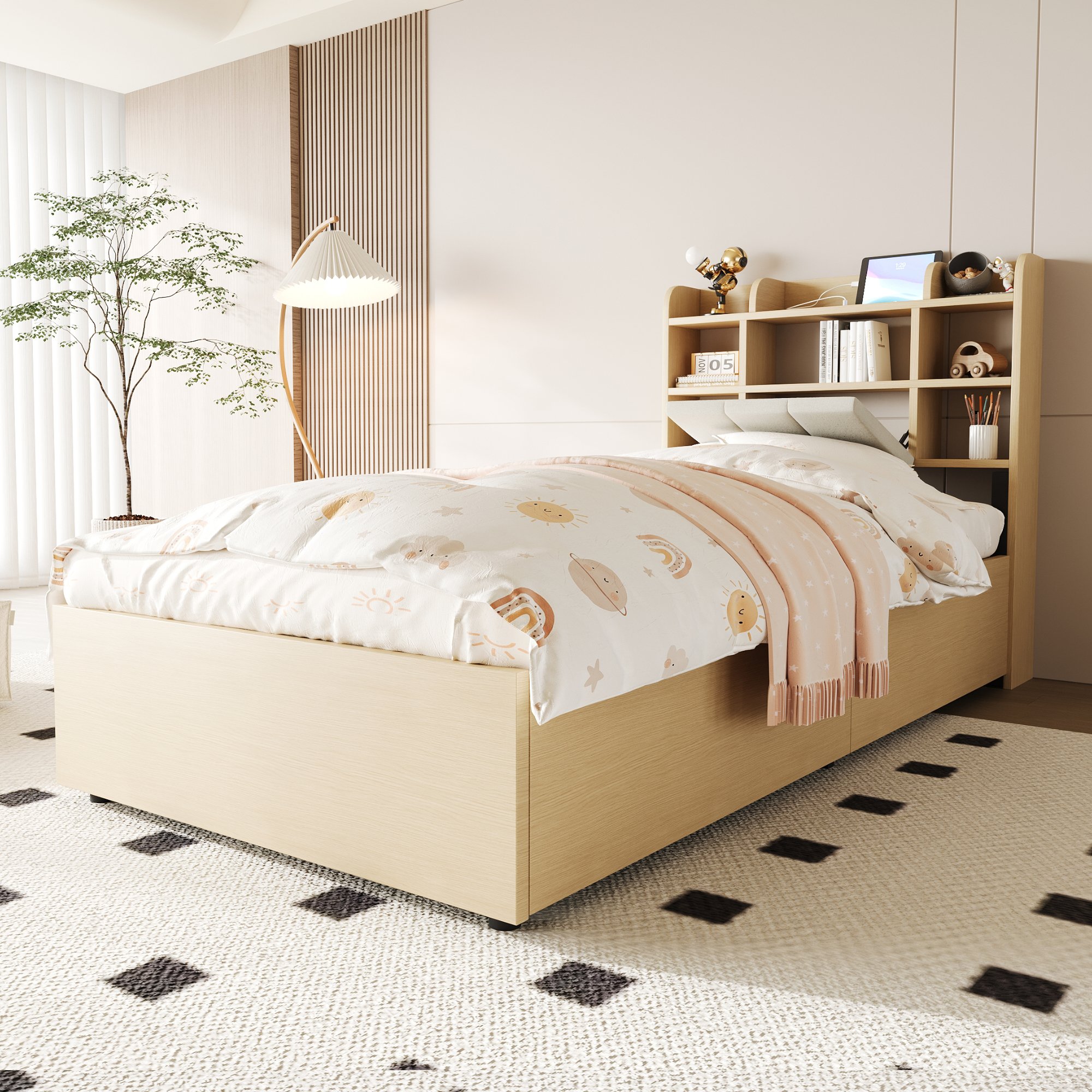 Lit coffre 90x200 en bois Panneau composite de fibres de bois à densité avec rangement hydraulique, tête de lit avec étagères, ports USB et Type-C, sommier à lattes