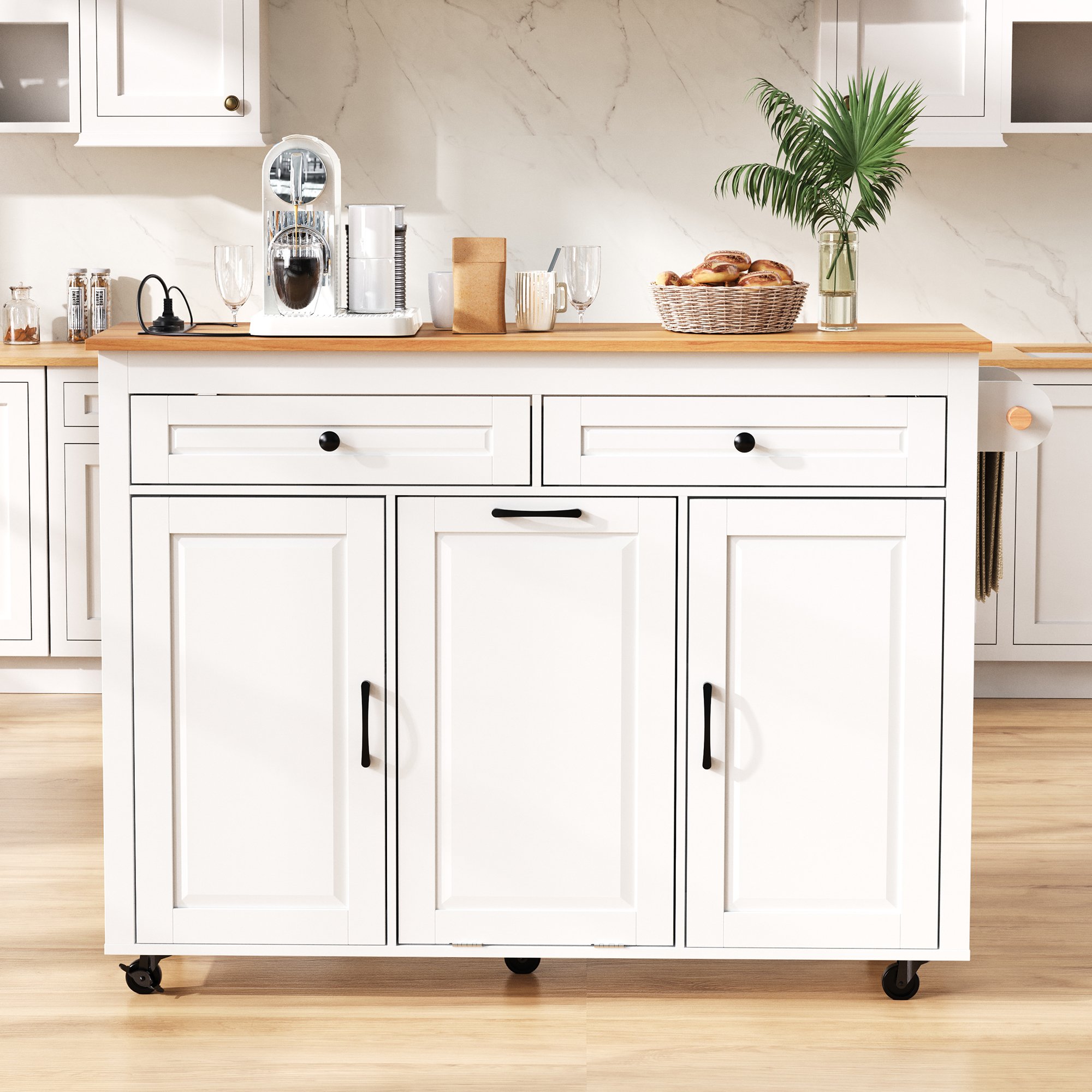 Îlot de cuisine en Panneau composite de fibres de bois à densité blanc avec structure robuste, 7 roulettes dont 4 freinables, rangement avec étagères réglables et tiroir