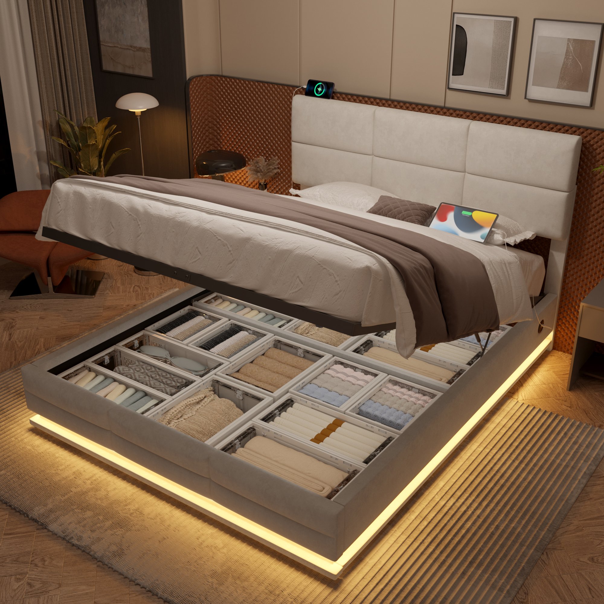 Lit coffre 180x200 velours beige avec tête réglable, LED, USB et rangement hydraulique