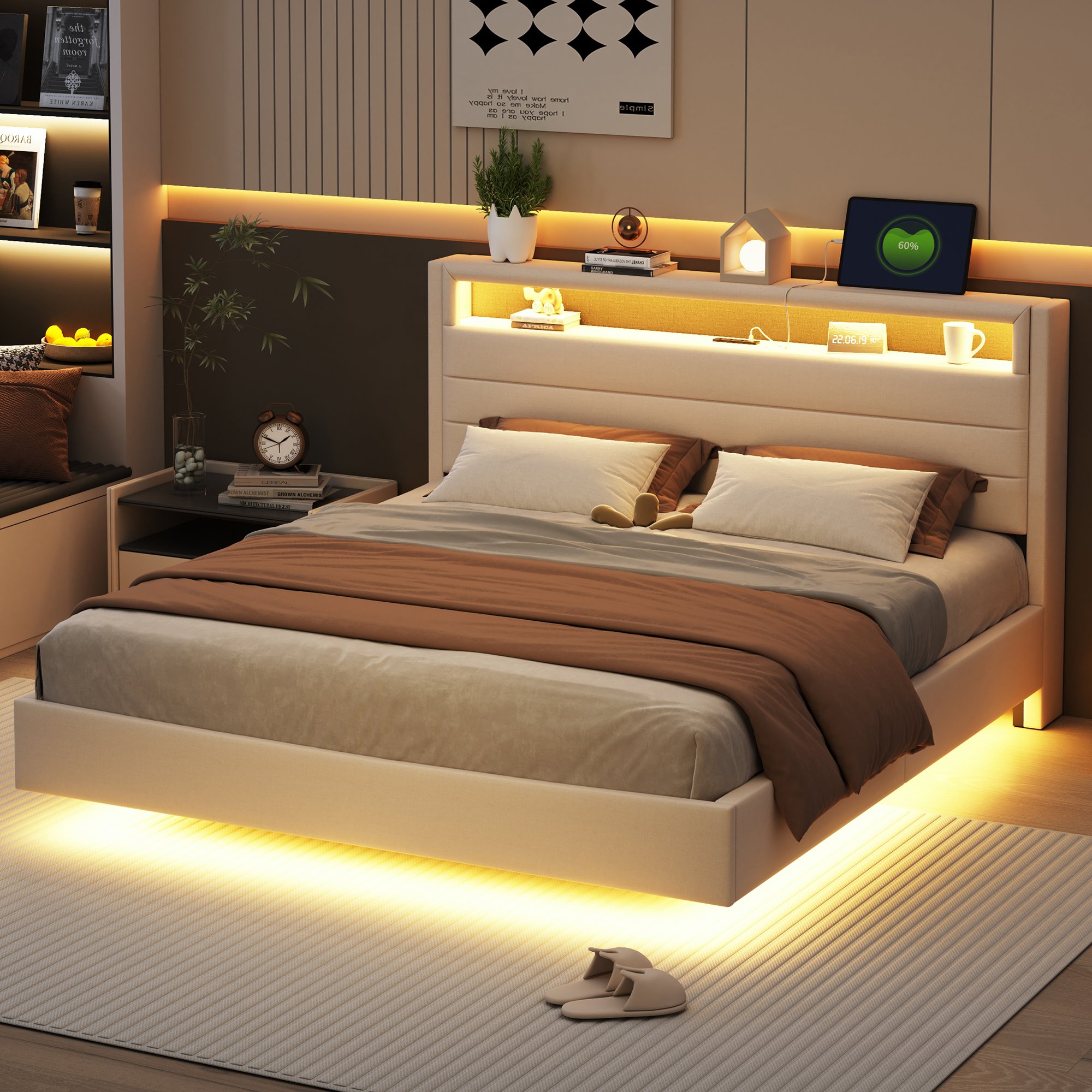 Lit rembourré avec LED et USB, tête relevable pour rangement, 160x200